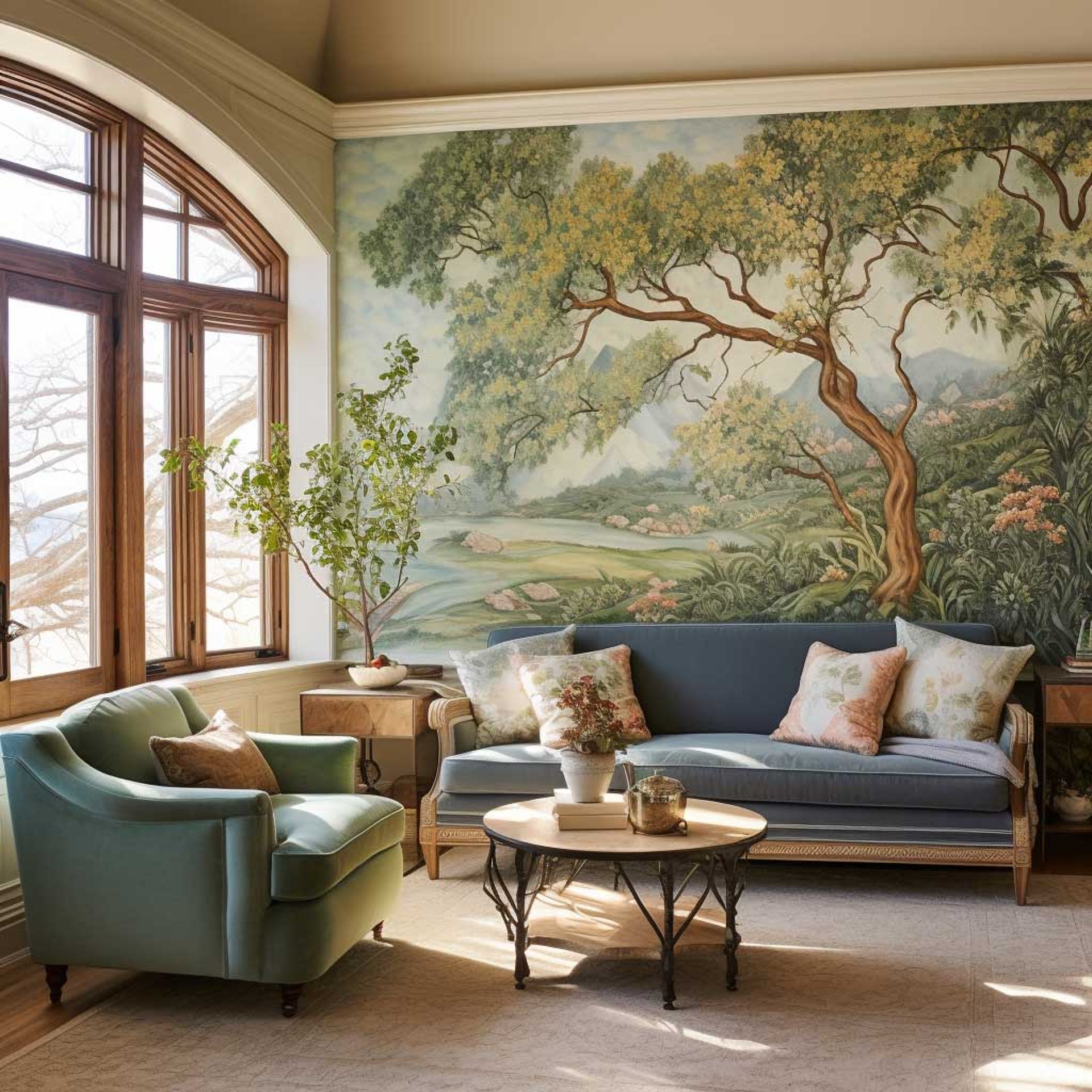 a living room filled with a blue couch and lots of pictures on the wall