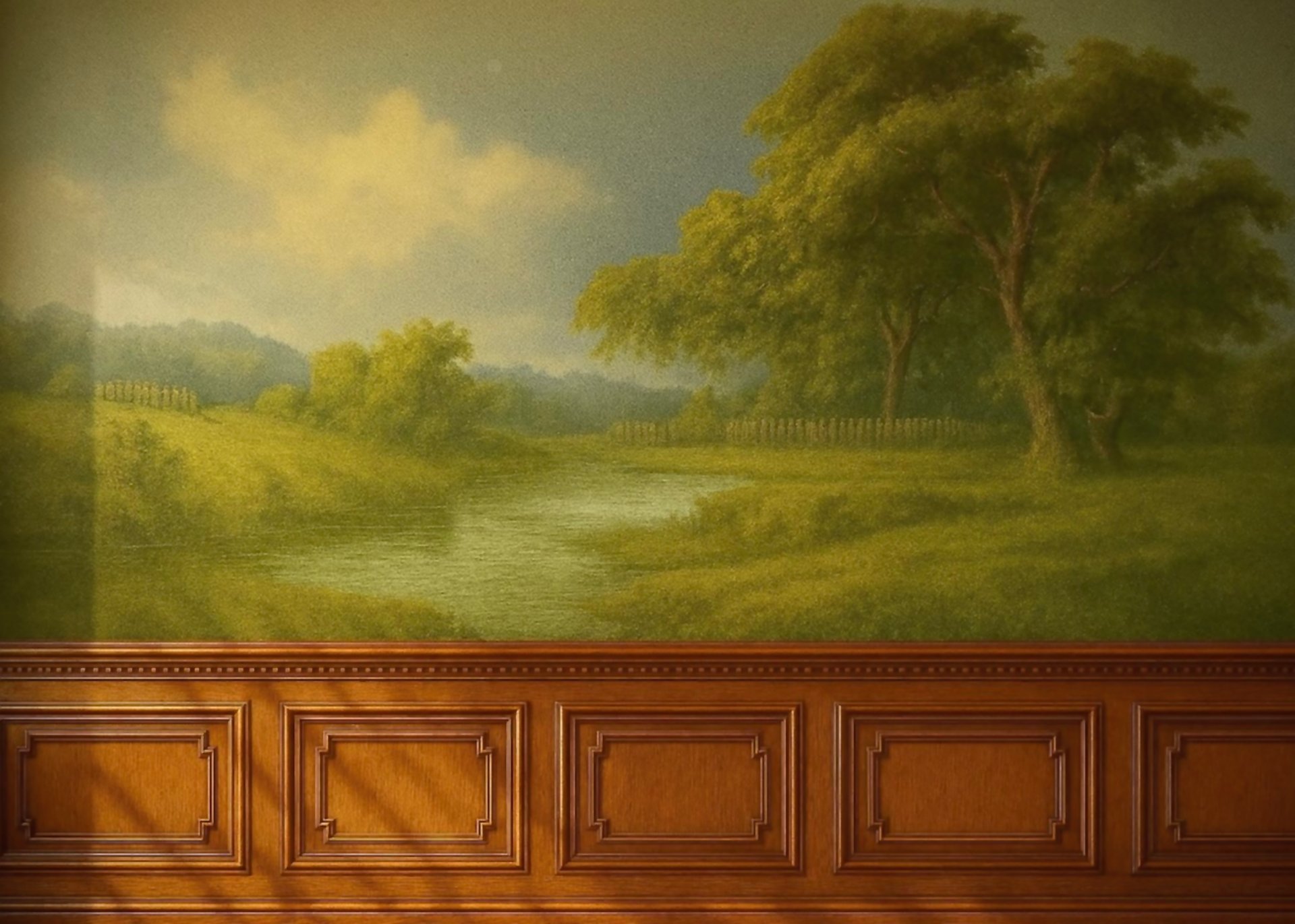 a living room filled with a blue couch and lots of pictures on the wall