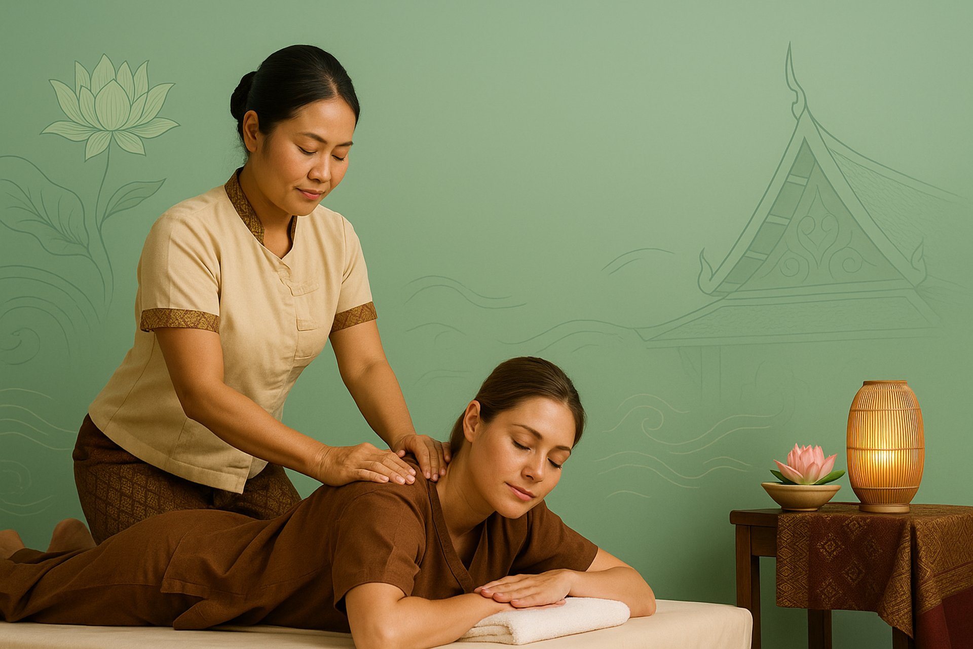 Ashburton Thai Massage & Spa performing traditional massage on a female client, illustration with transparent background