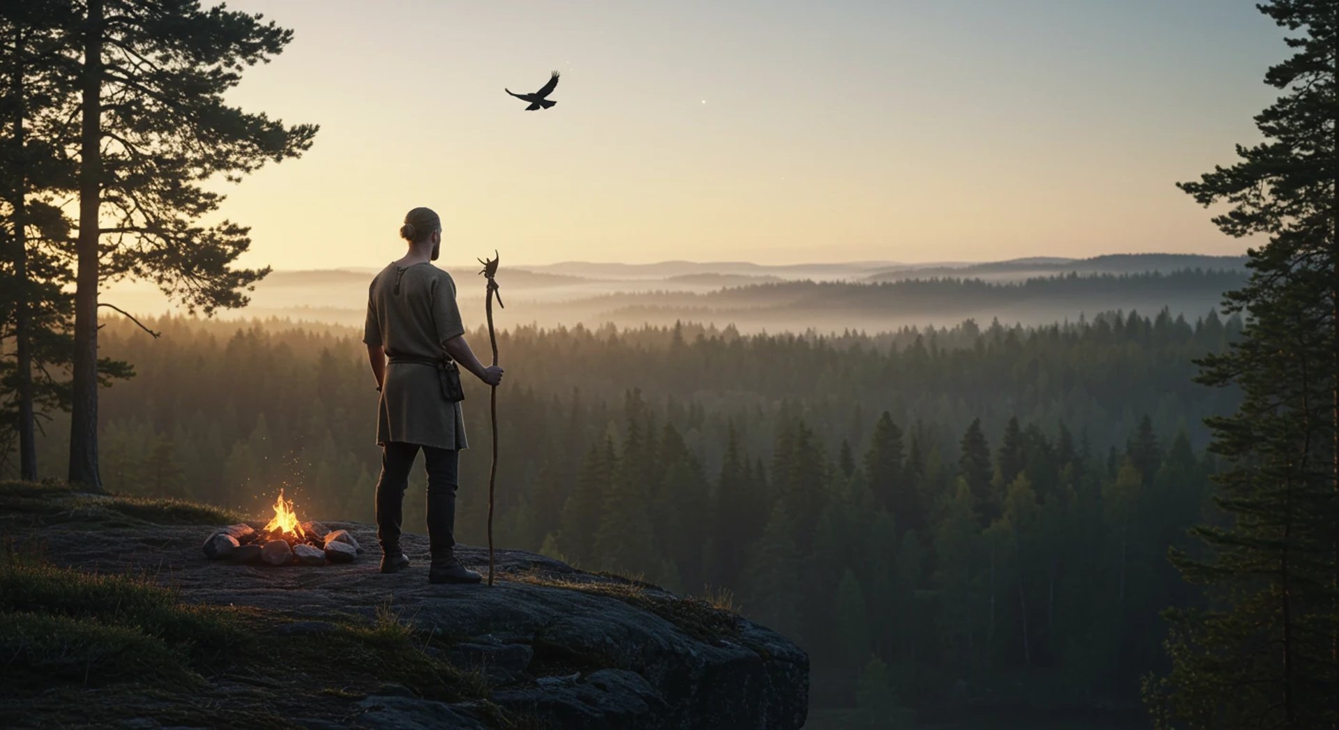 Pyhä maskuliinisuus - mies seisoo kallion reunalla ja katsoo avautuvaa metsämaisemaa.