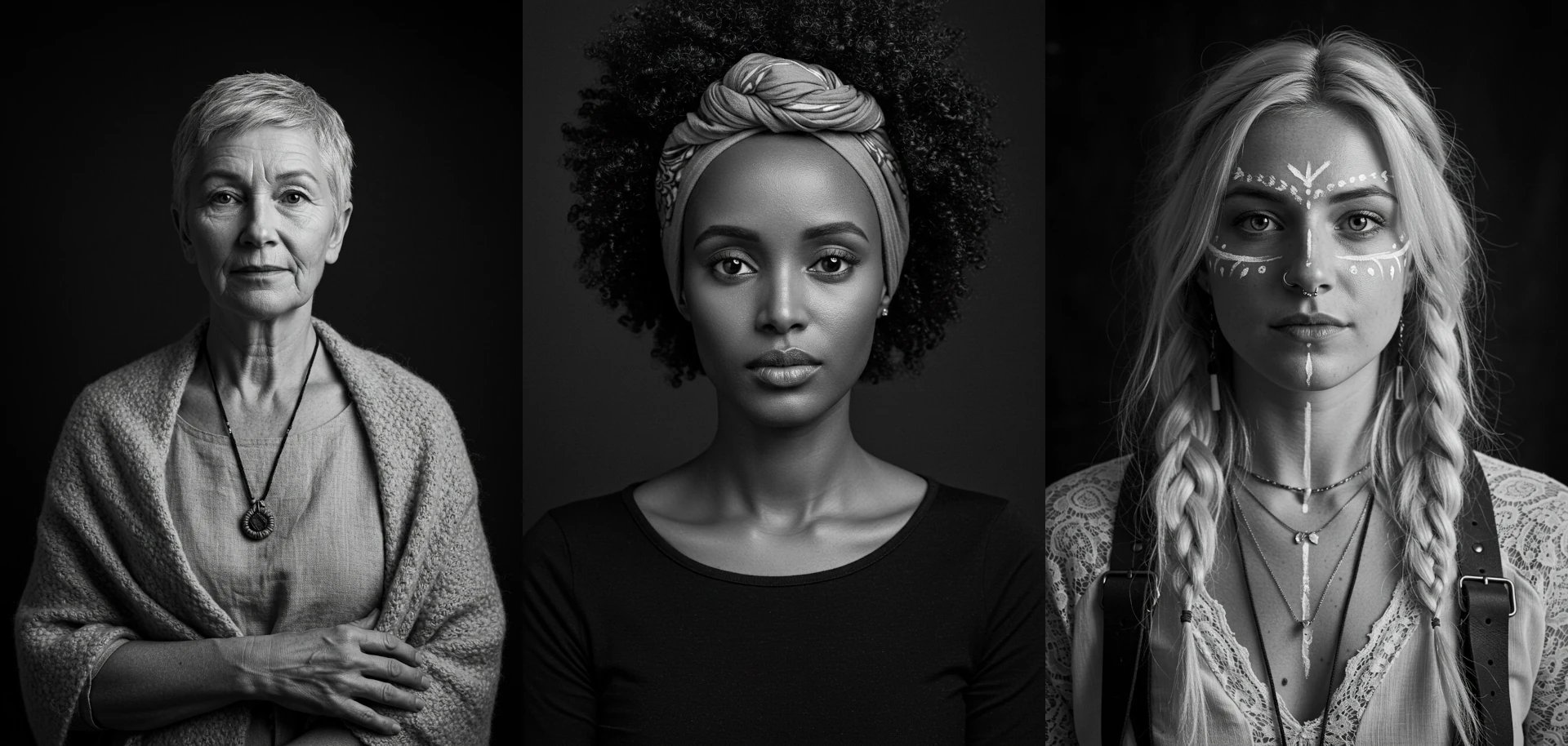 Kolme katsetta. Kolme tarinaa. Kolme totuutta, jotka haluavat tulla nähdyiksi. Tekoälytaide | Voimaannuttavat muotokuvat | ©