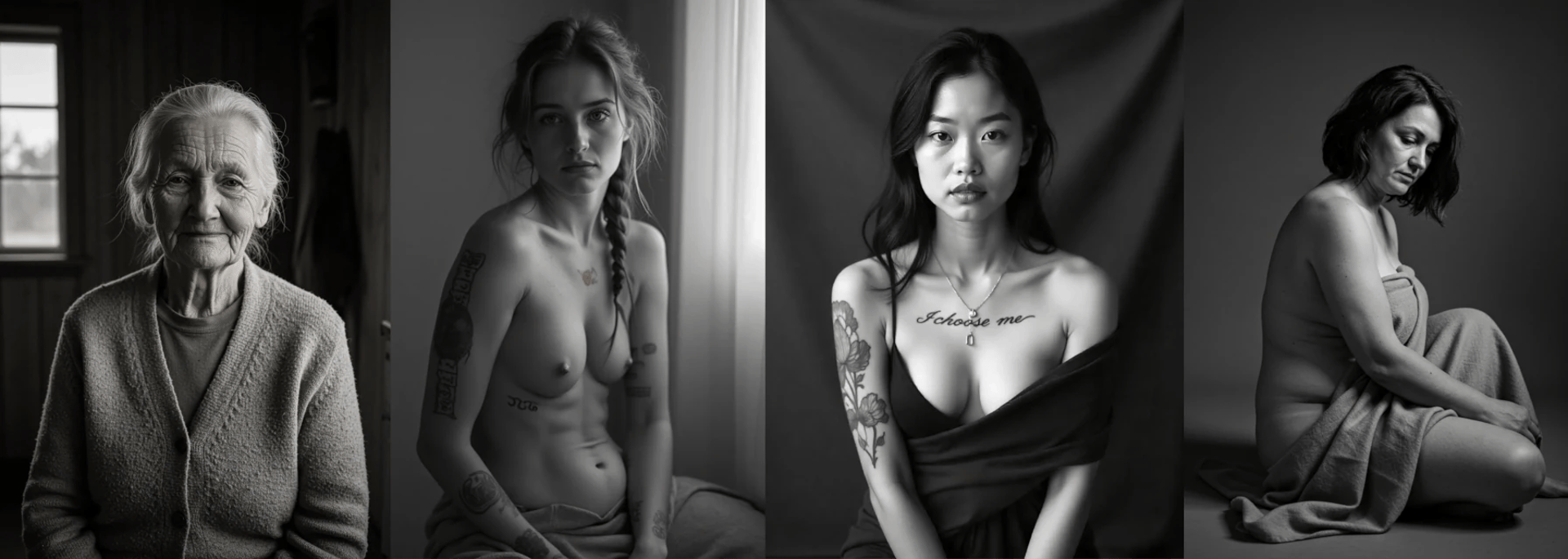 Neljä naista, neljä tarinaa kehopositiivisuudesta ja itsensä hyväksymisestä. Tekoälytaide | Voimaannuttavat muotokuvat | © Mu