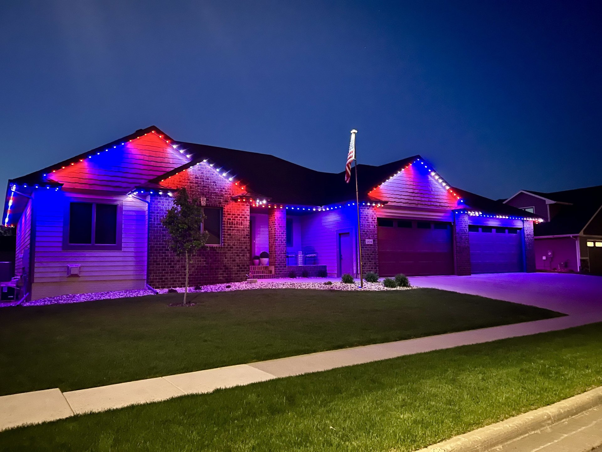 Red White & Blue Permanent Lighting on Home