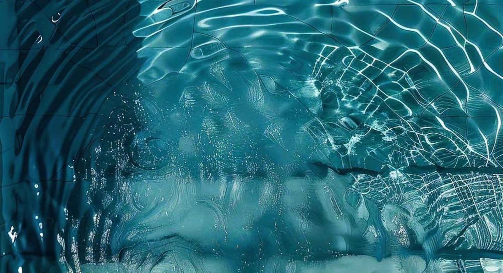Vertical view of a luxurious, crystal-clear swimming pool with elegant tile edges