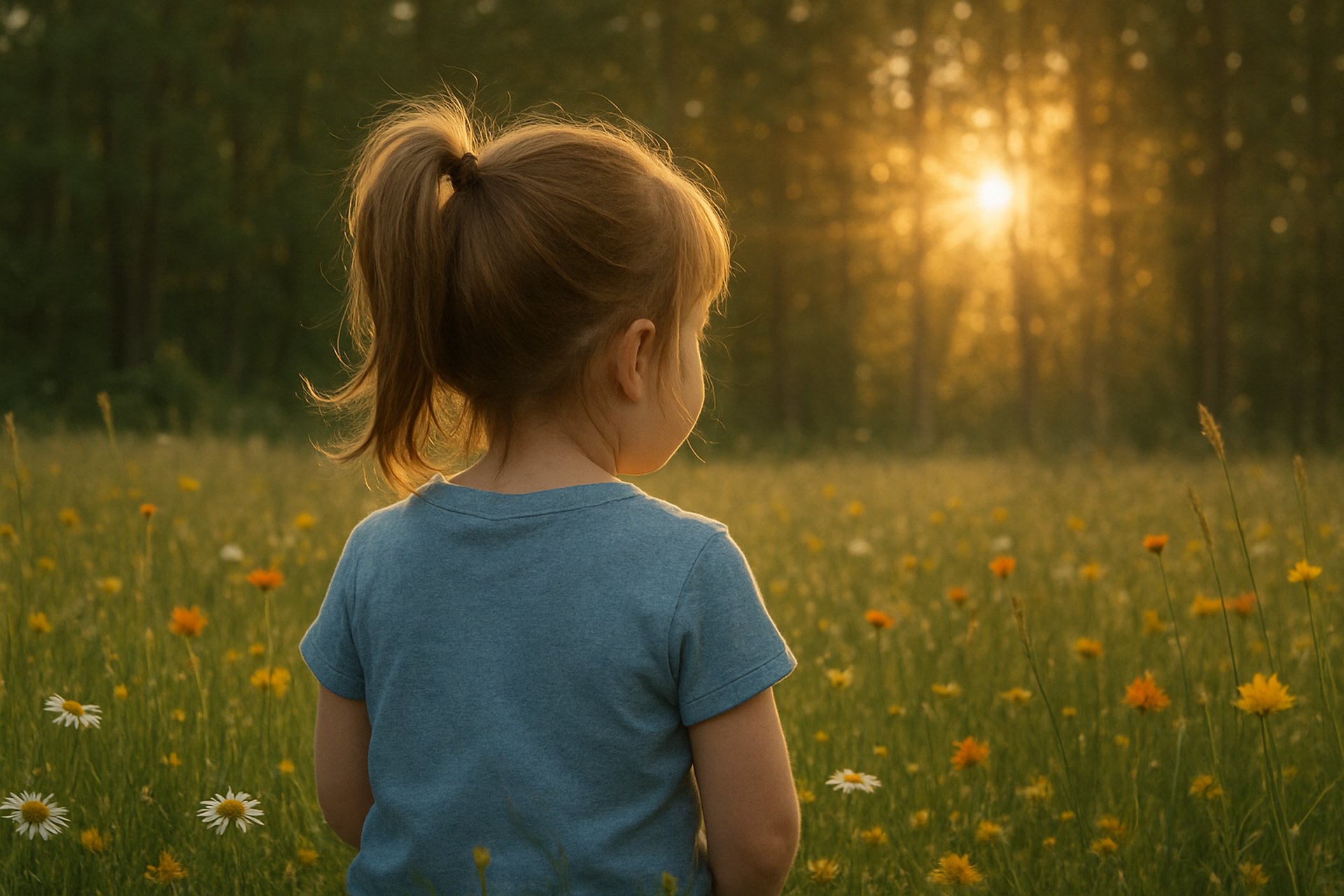 girl sitting on daisy flowerbed in forest