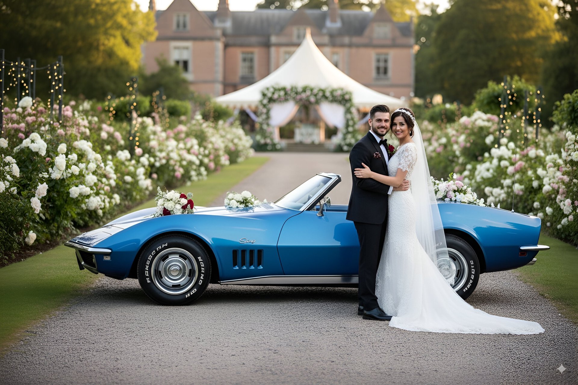 Corvette C3 327 1968 para bodas en España, novios posando frente a coche clásico elegante.