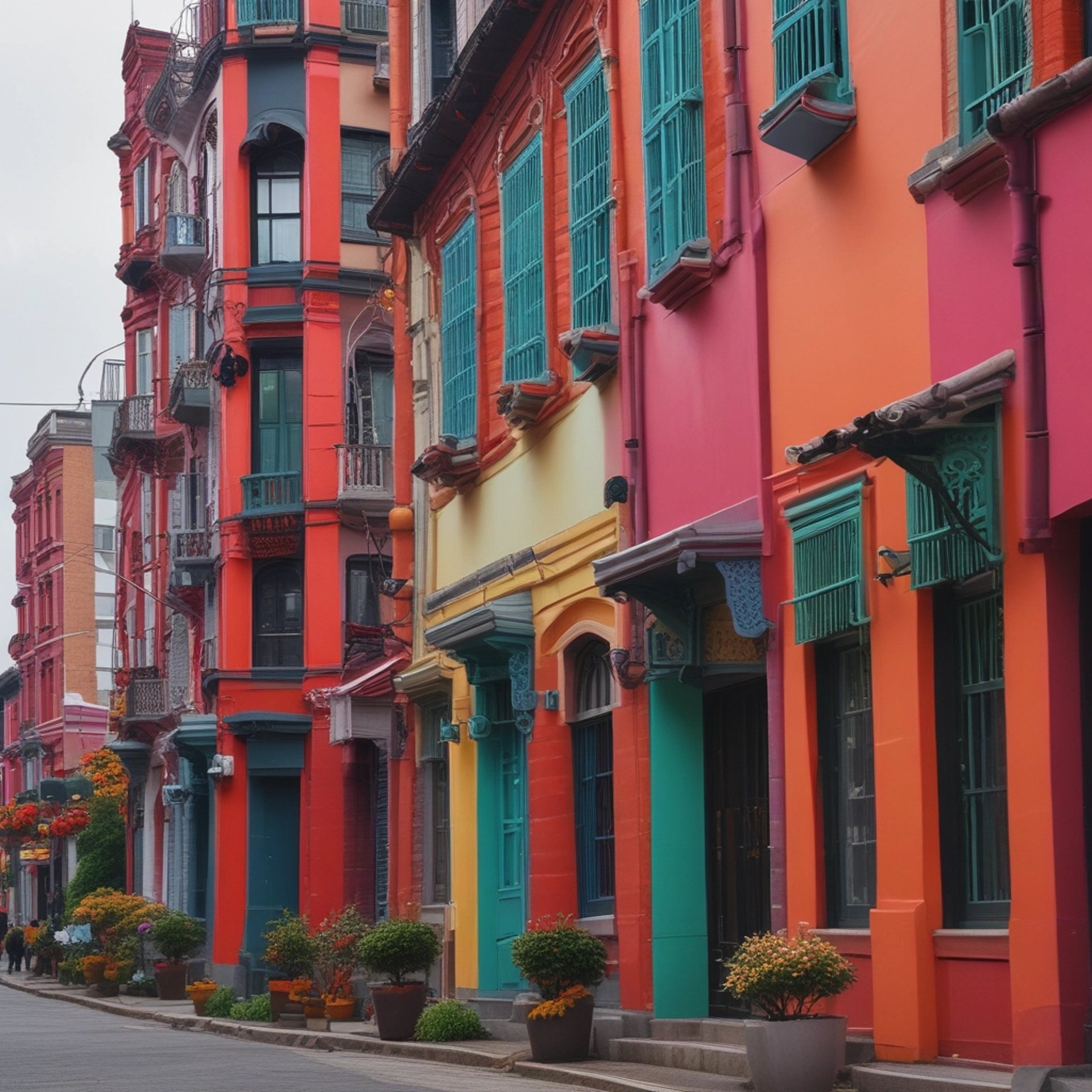 a row of multicolored houses on a street