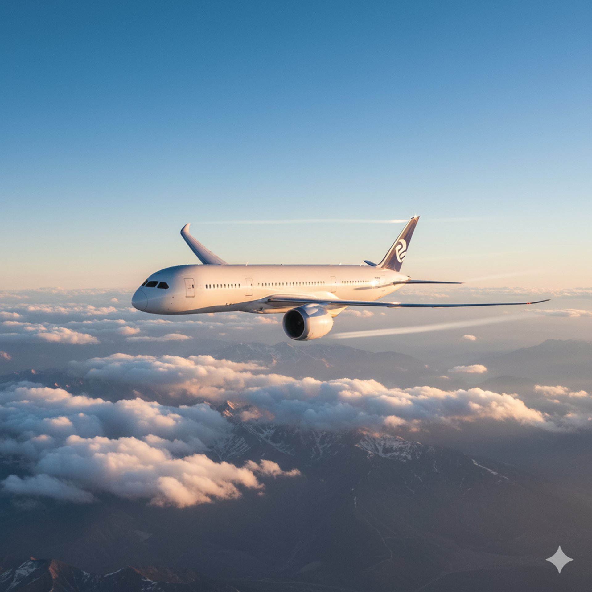 A large jetliner flying through a blue sky