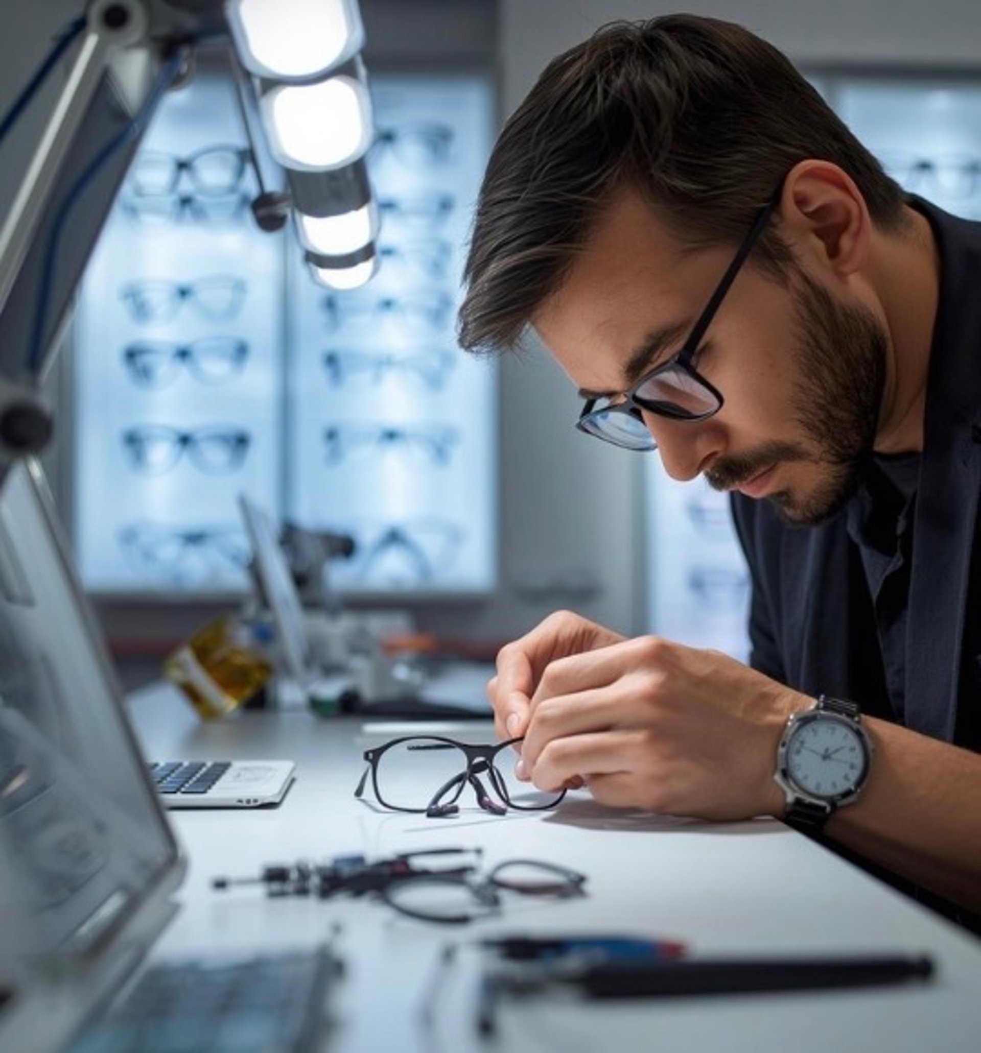 Stylish woman with curly hair wearing glasses.