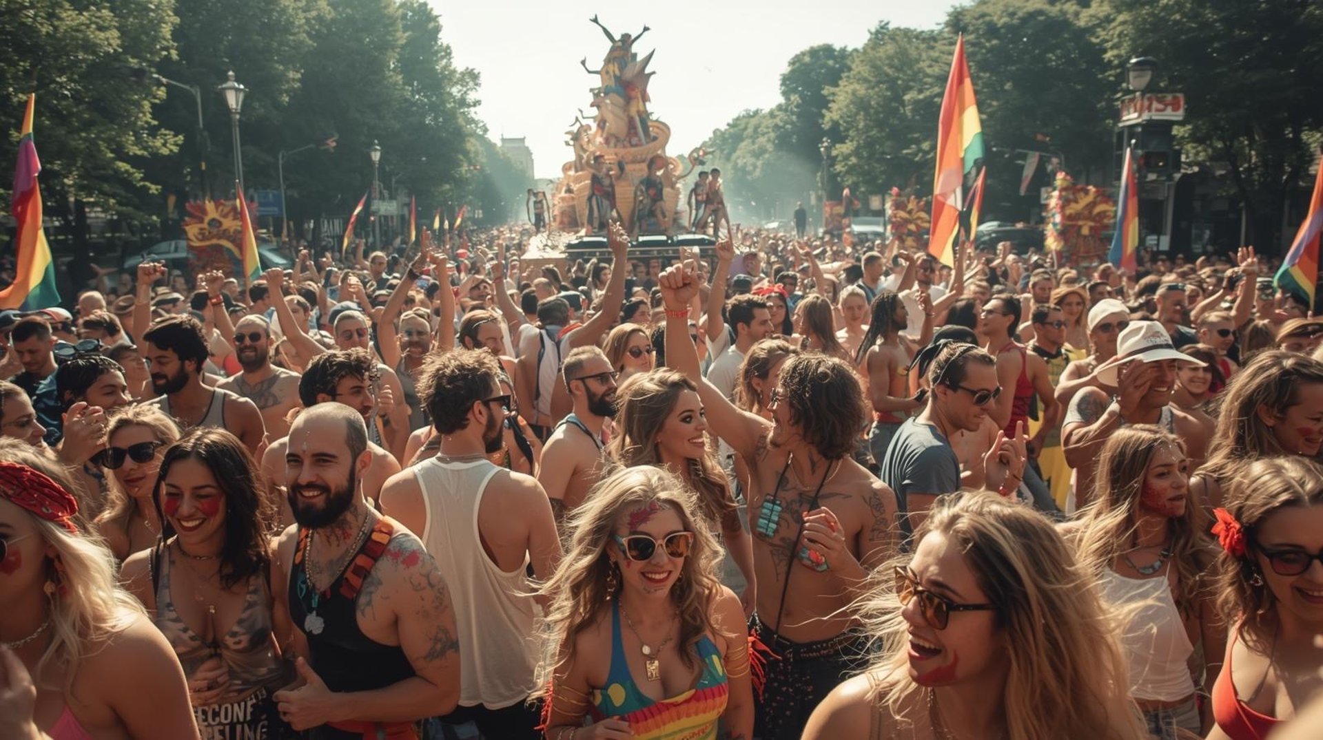 a crowd of people walking down a street