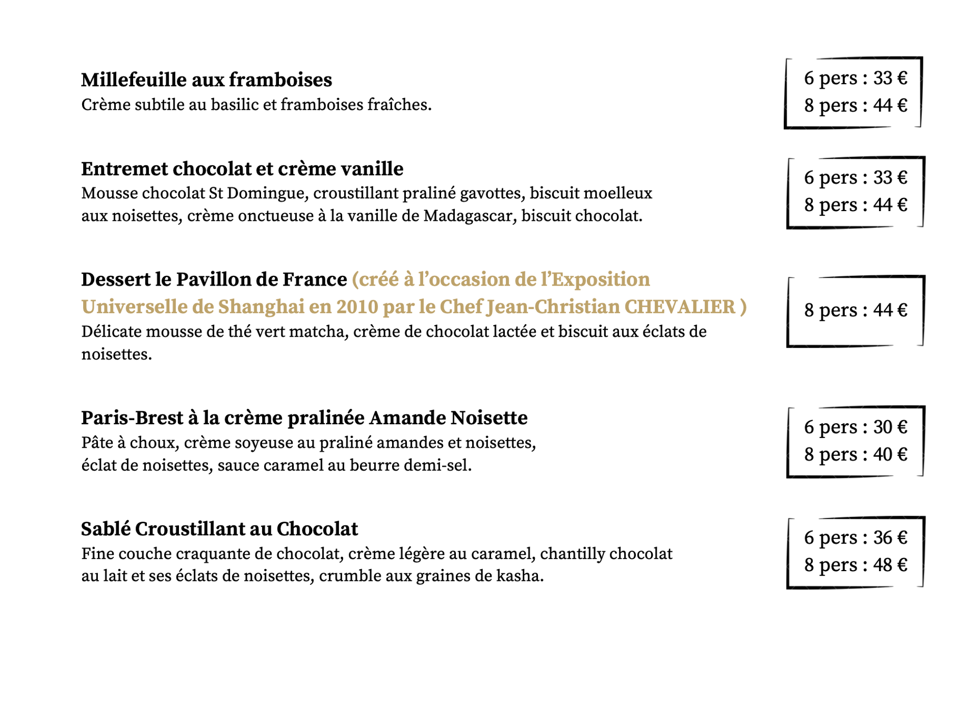 Carte des desserts JCC CHEF PATISSIER 71120 CHAROLLES