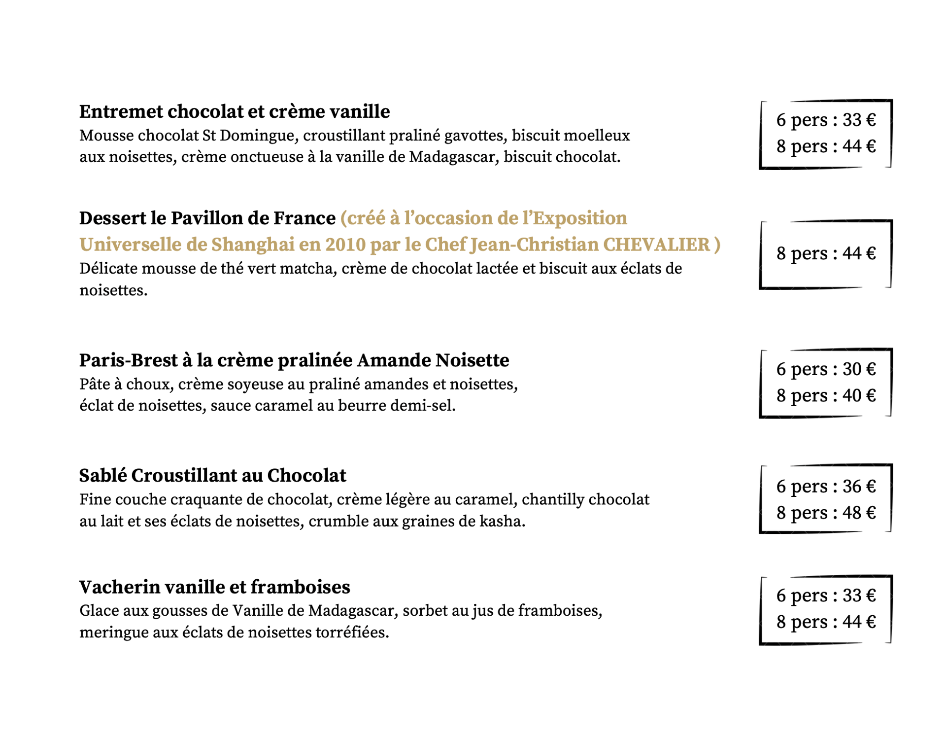 Carte des desserts JCC CHEF PATISSIER 71120 CHAROLLES