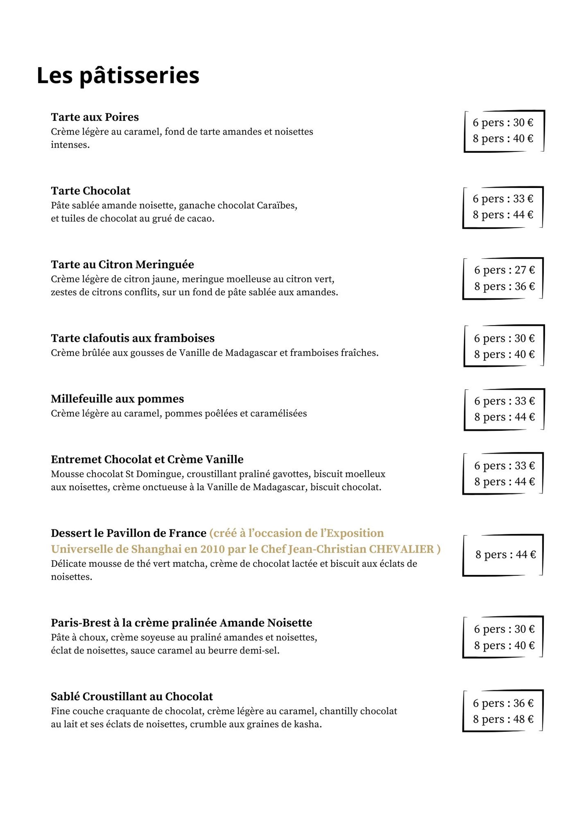 CARTE DES DESSERTS JCC CHEF PATISSIER 71120 CHAROLLES PATISSERIE ENTREMETS TARTE CITRON CHOCOLAT VANILLE 