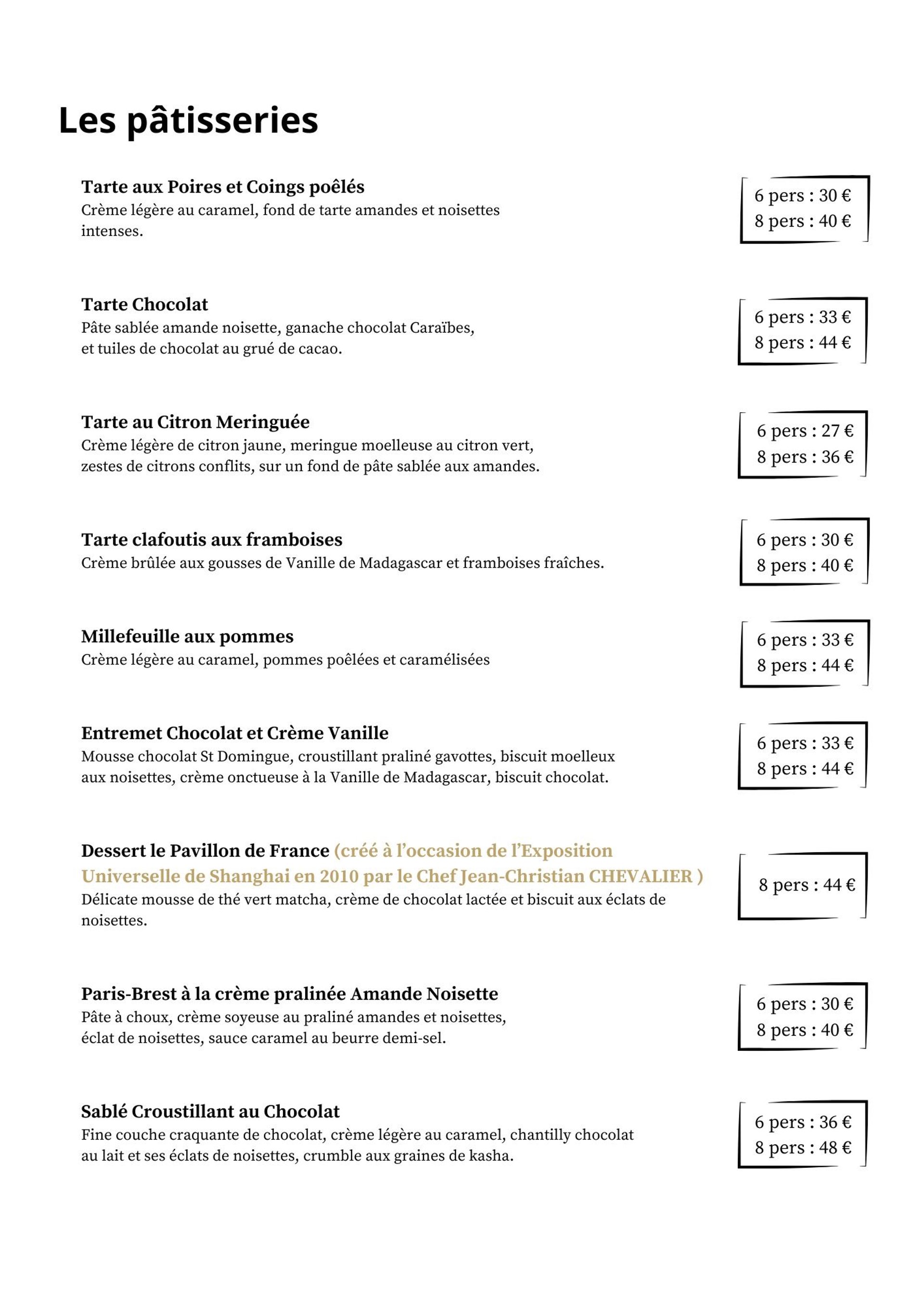 CARTE DES DESSERTS JCC CHEF PATISSIER 71120 CHAROLLES PATISSERIE ENTREMETS TARTE CITRON CHOCOLAT VANILLE 