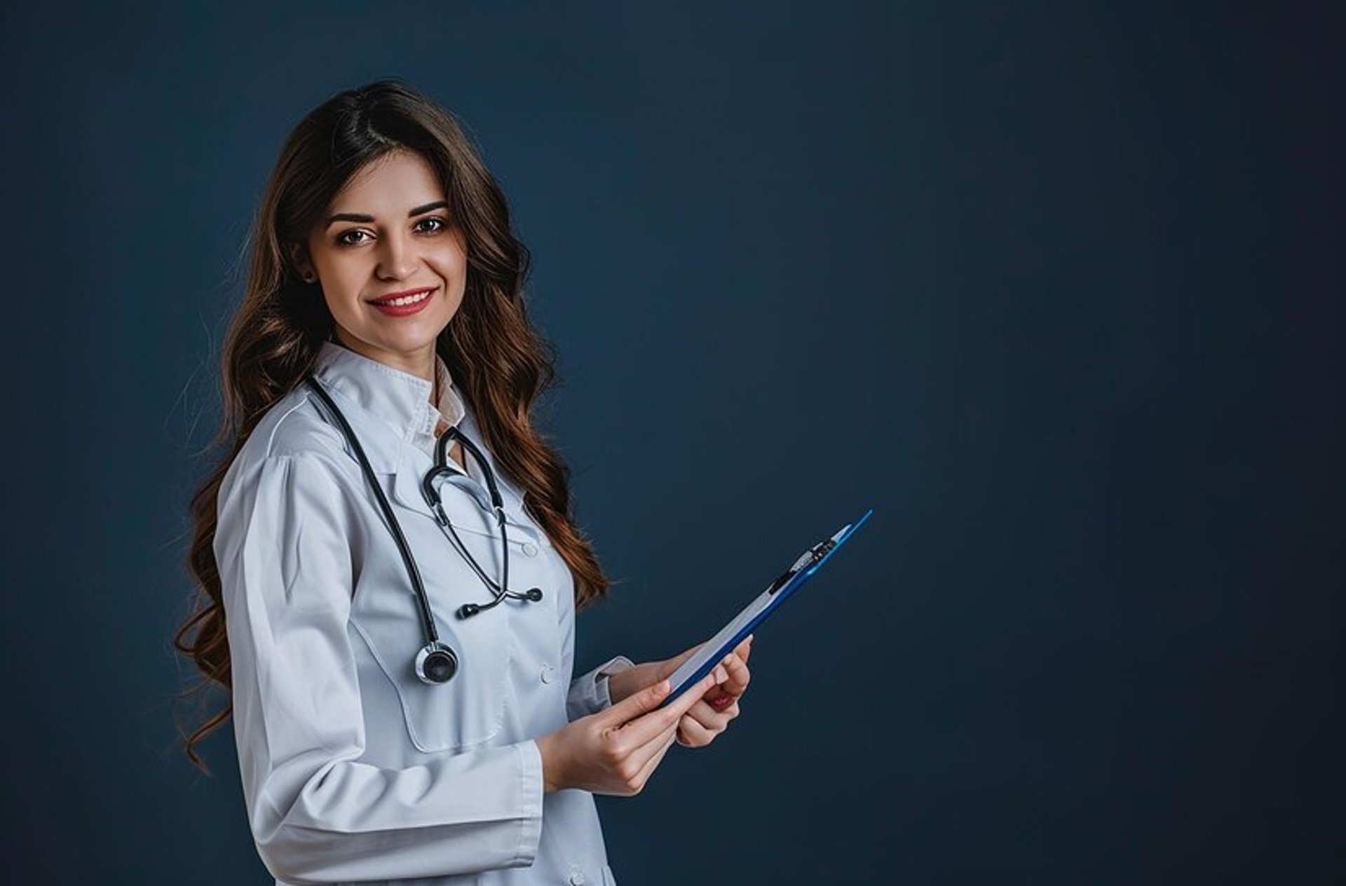 a woman in a white coat