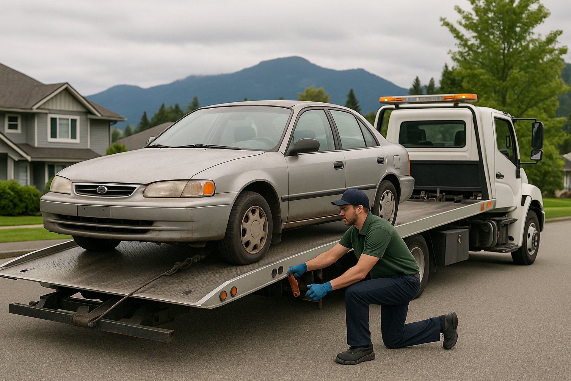 Tow truck operator loading an old sedan onto a flatbed in a Pitt Meadows neighborhood with mountains in the background.