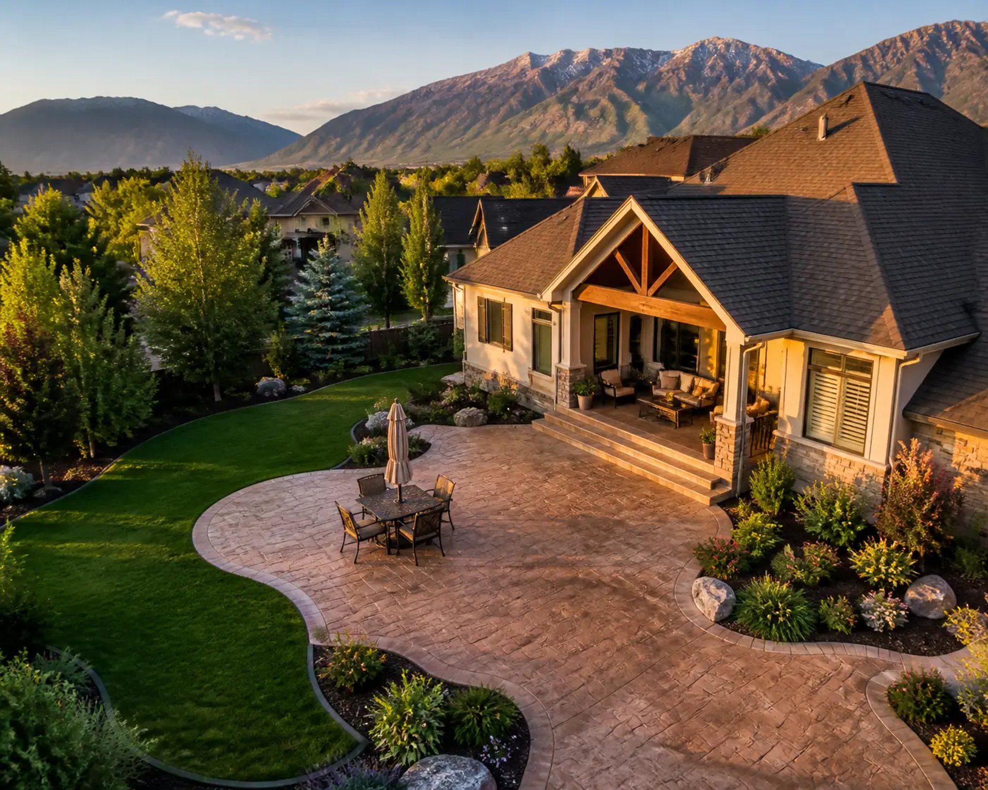 Aerial view of a beautifully landscaped stamped concrete patio in South Jordan