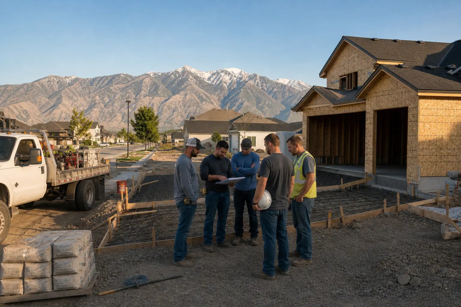 Concrete contractors reviewing project plans during a team meeting at a South Jordan job site.