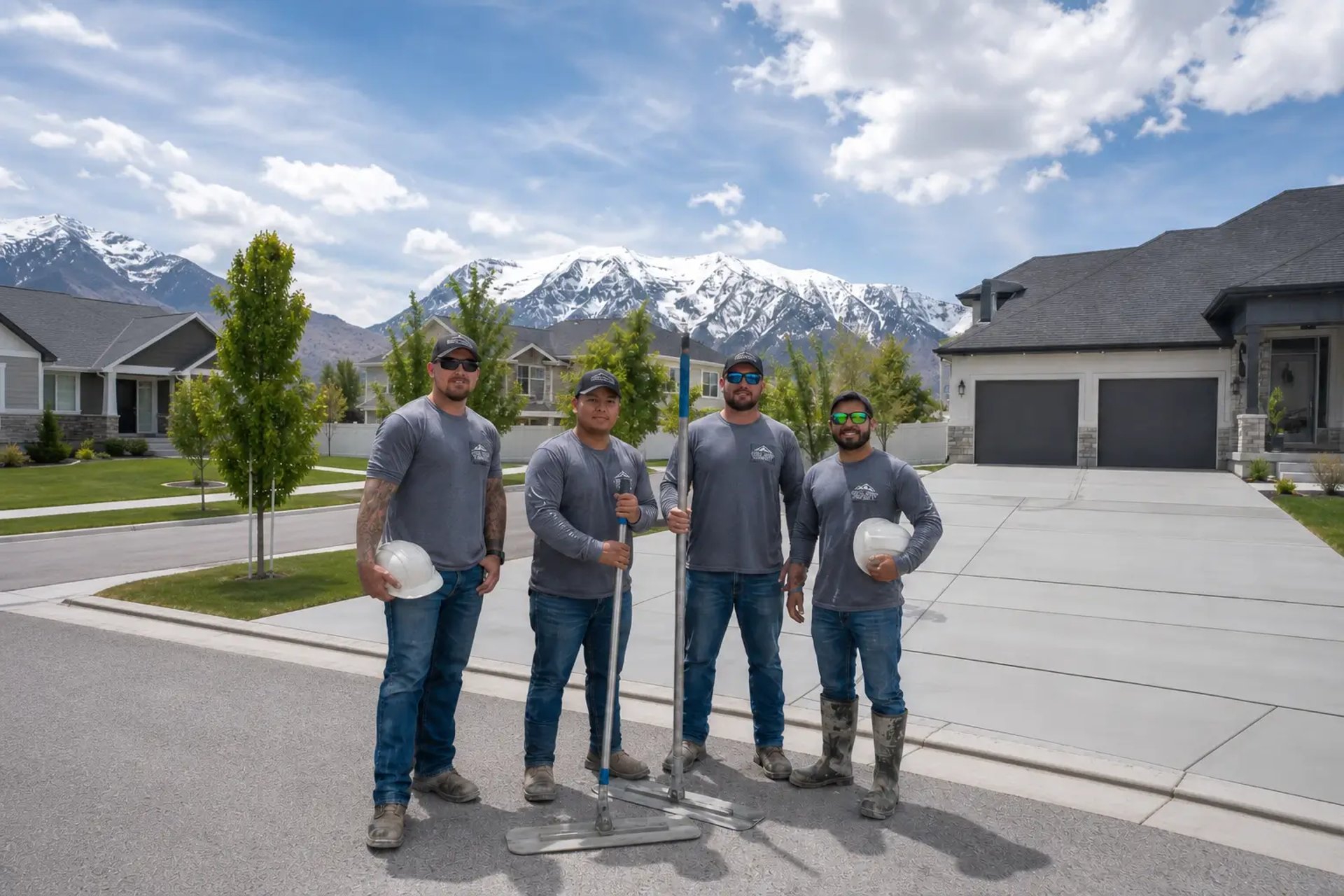 concrete contractor team standing by a finished driveway in a Utah neighborhood.