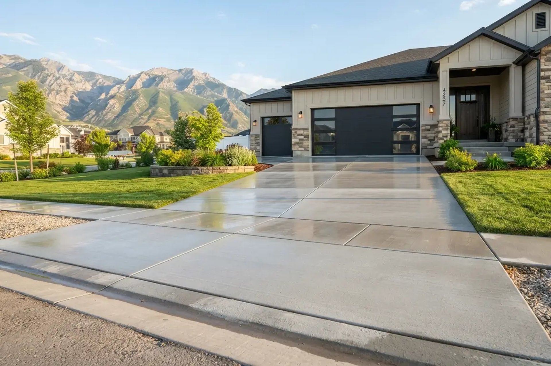 Freshly finished concrete driveway with broom finish at a South Jordan home.