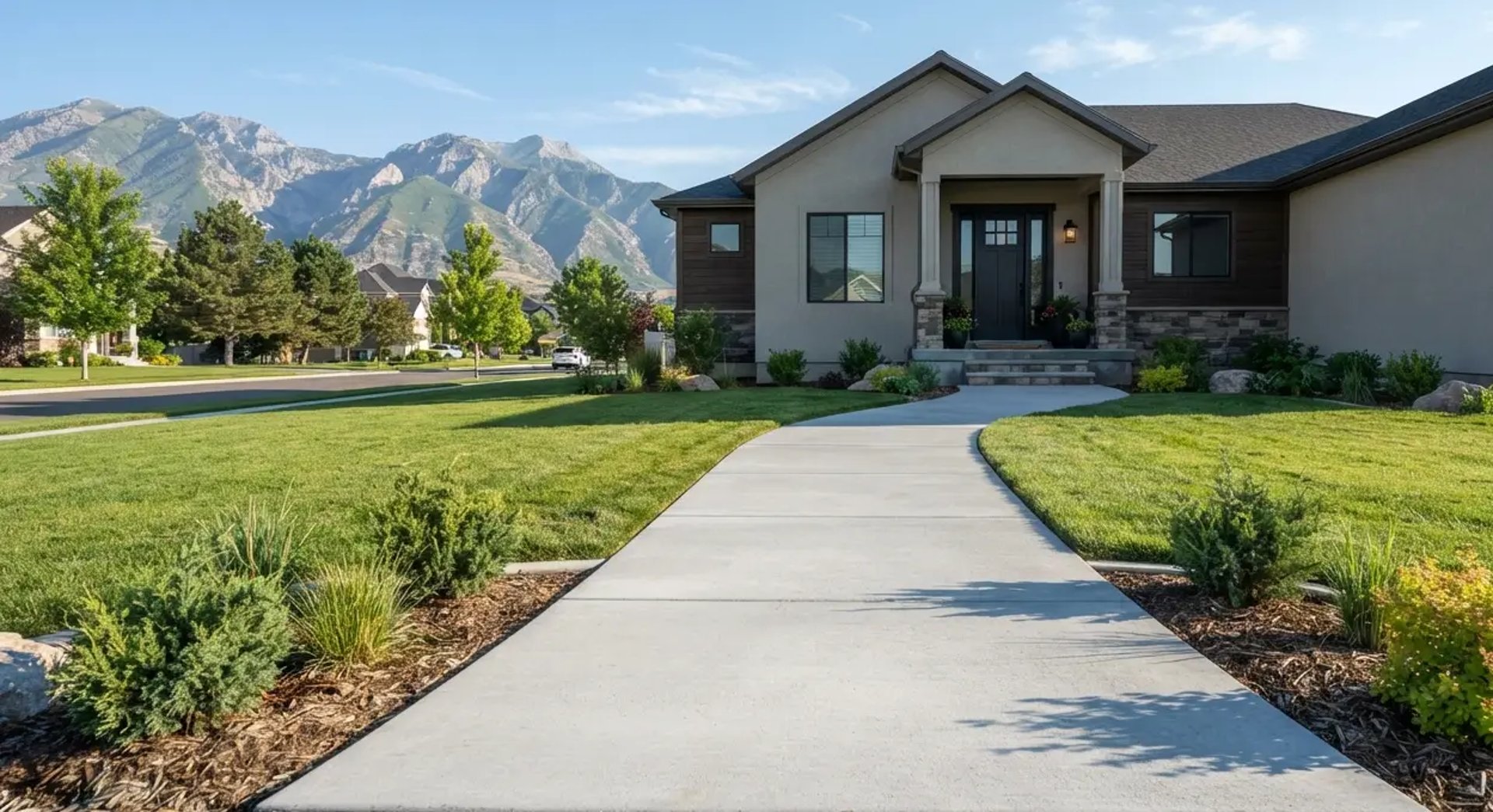 Freshly poured concrete walkway leading to a home entrance in South Jordan, Utah.