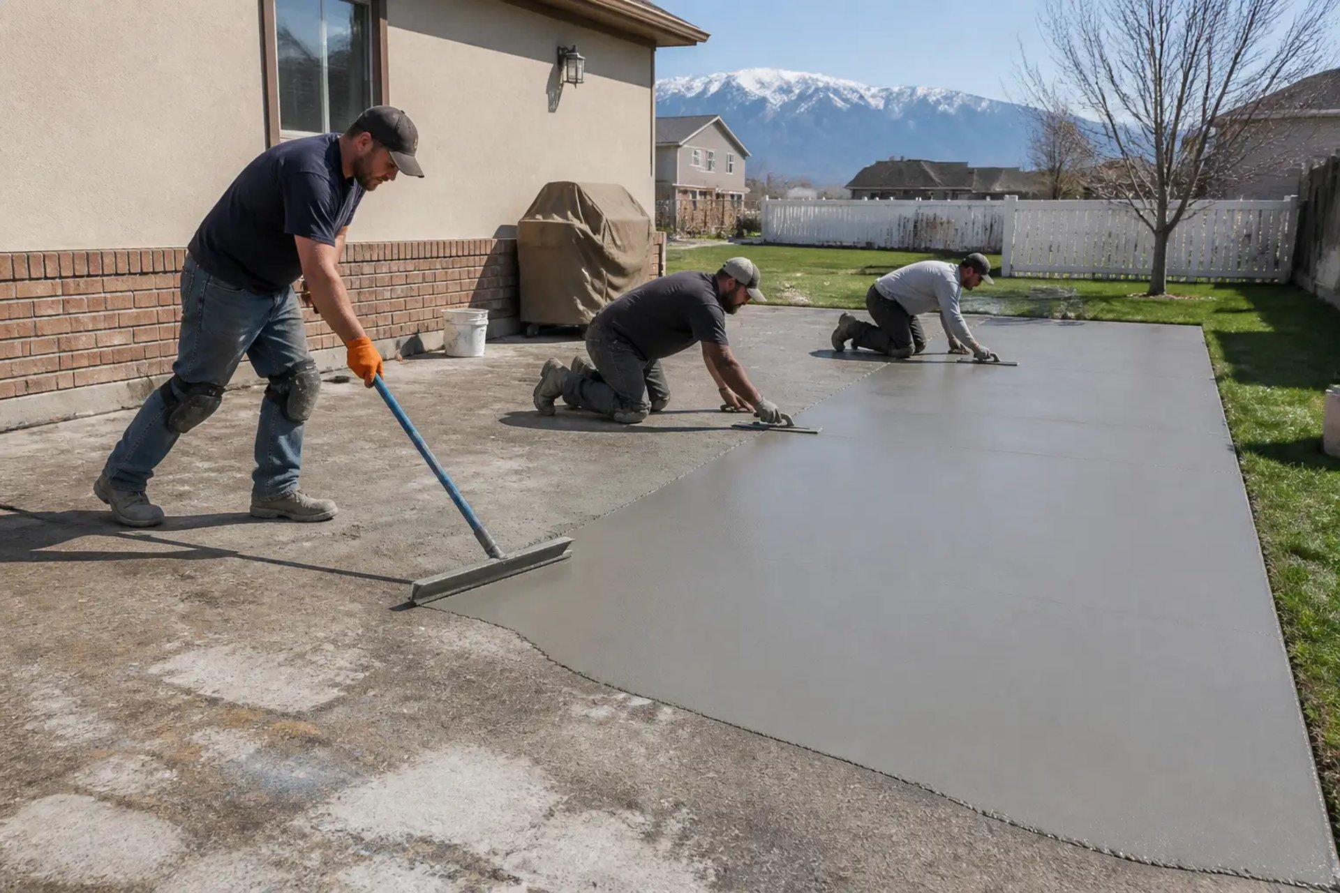 Contractors applying a resurfacing overlay to a worn patio slab in South Jordan.