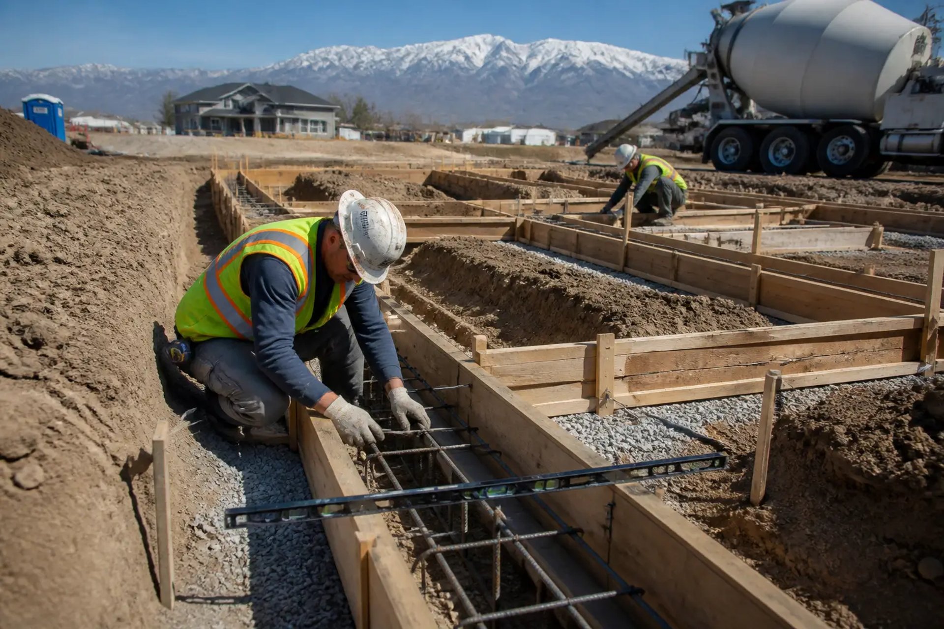 Foundation footing forms and rebar reinforcement ready for concrete pour in South Jordan.