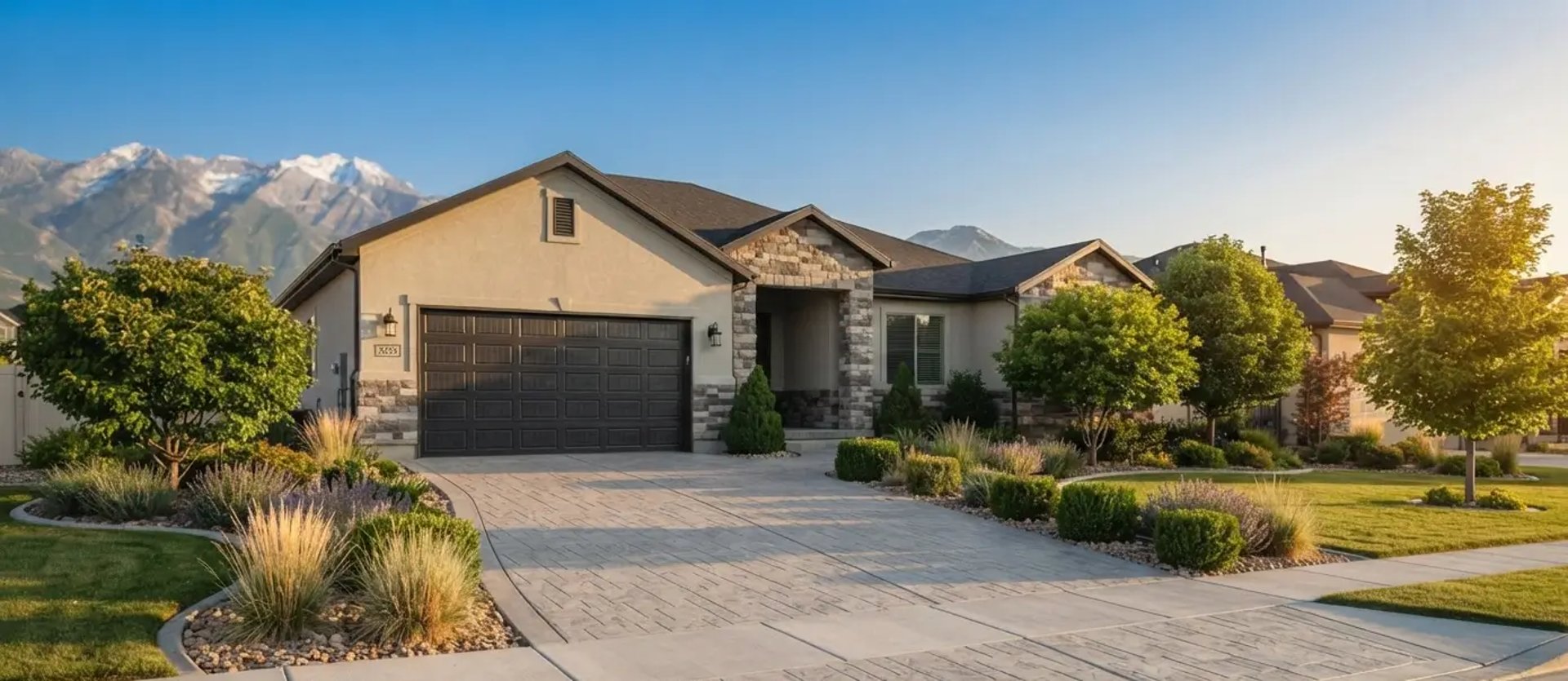 Freshly completed stamped concrete driveway in South Jordan, Utah.