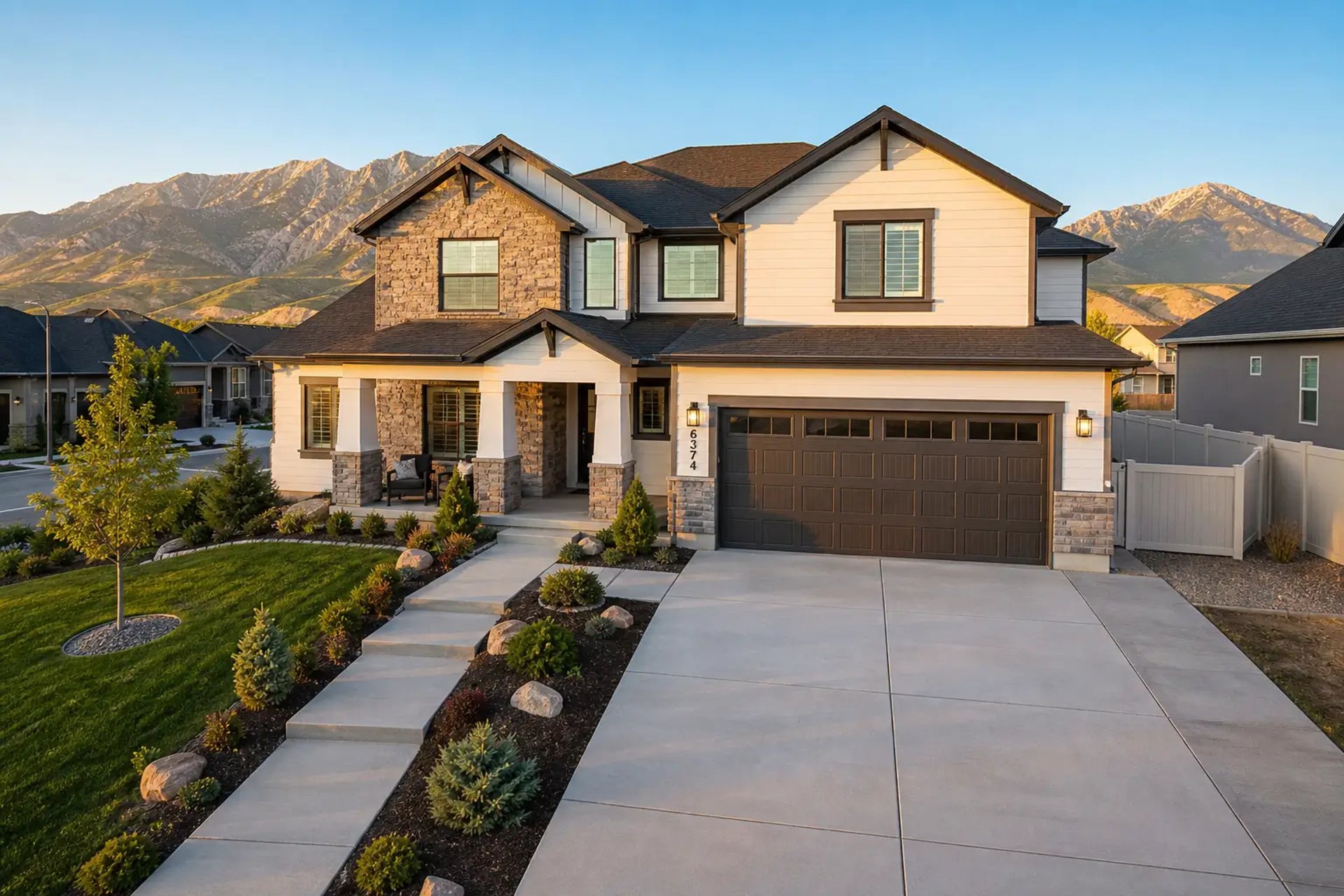 A house in South Jordan, Utah, with a clean concrete driveway and matching walkway leading to the front entrance.