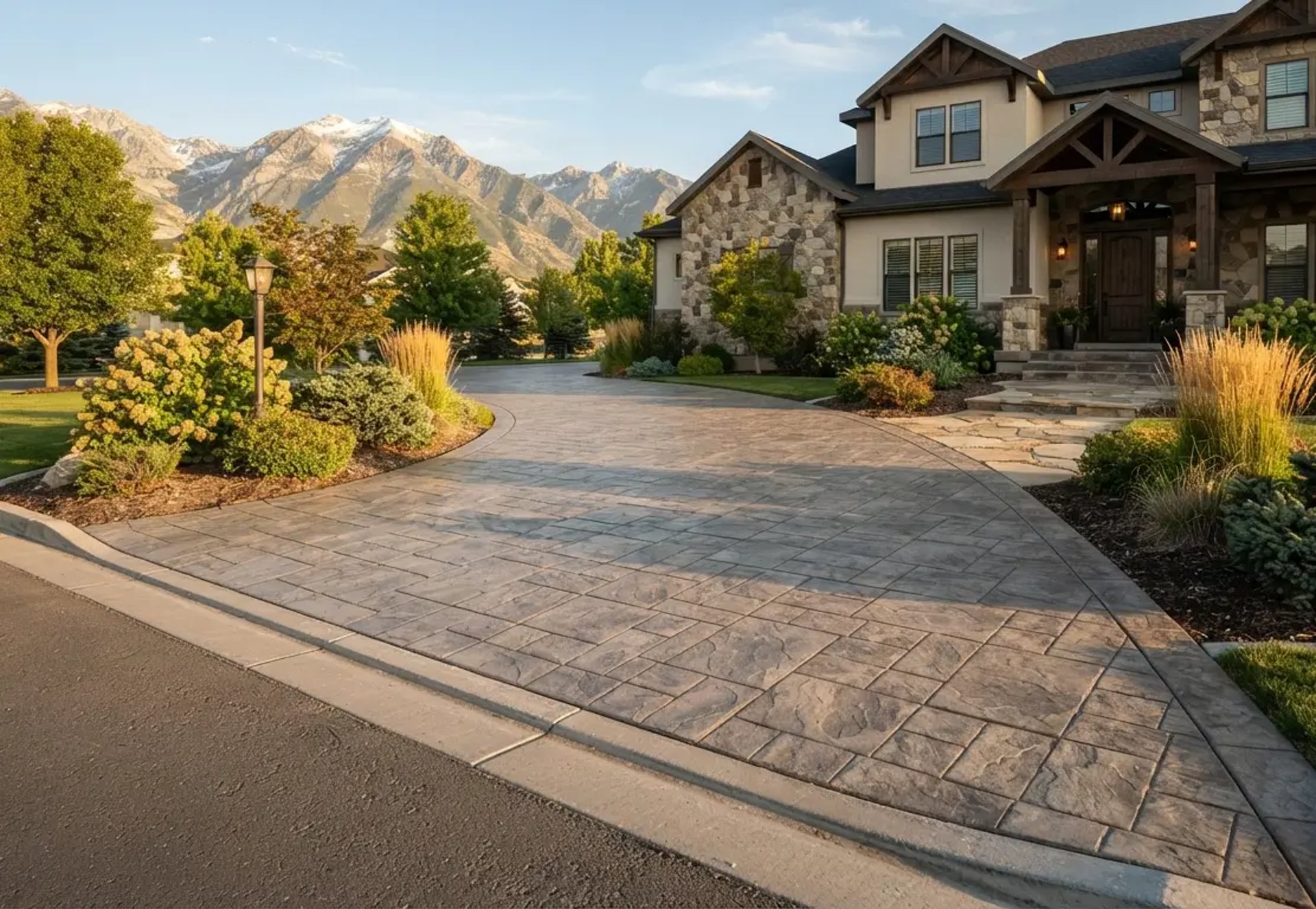 Stamped concrete driveway with ashlar slate pattern at a South Jordan home.