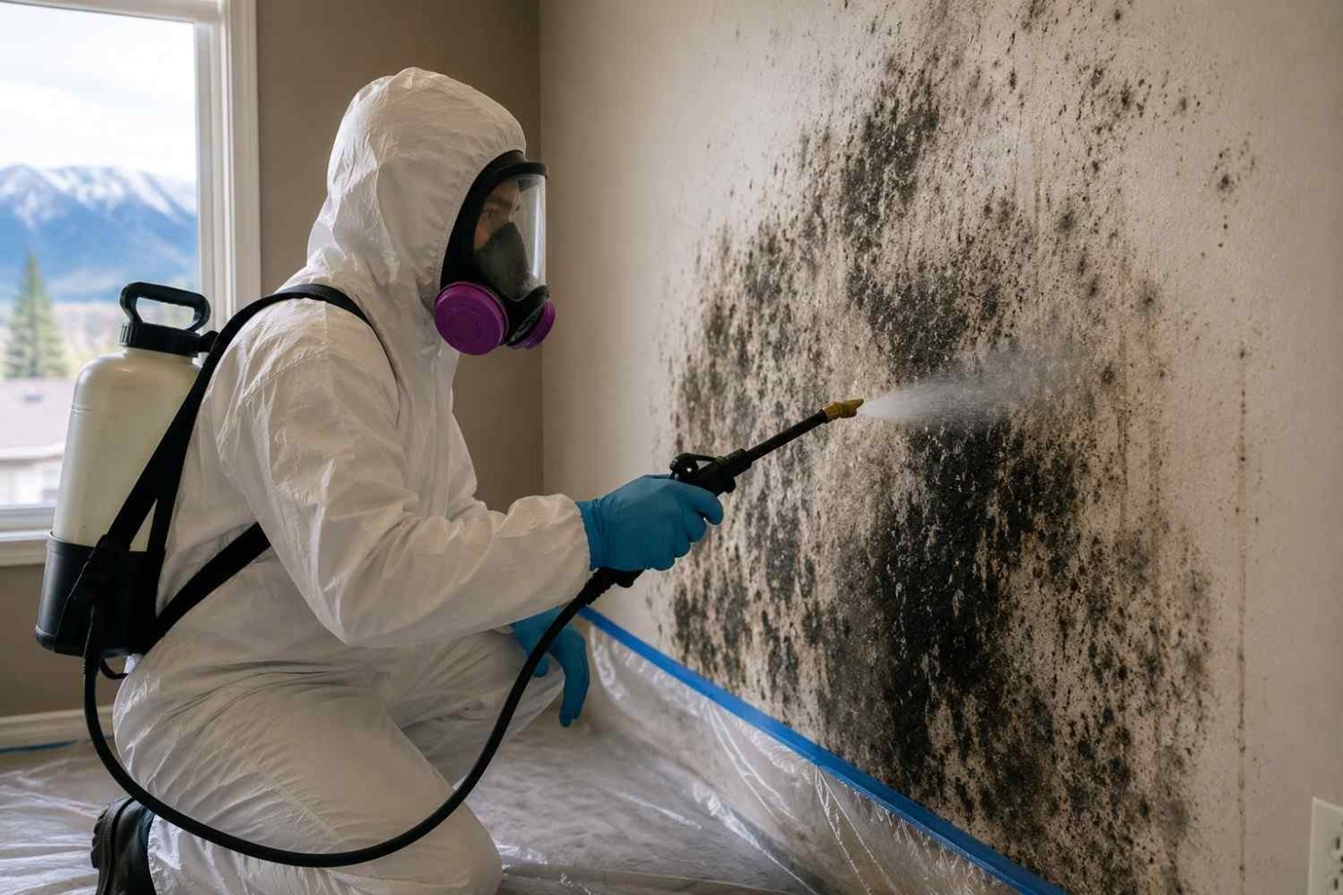 certified black mold removal specialist in full protective gear treating toxic mold growth inside Colorado Springs