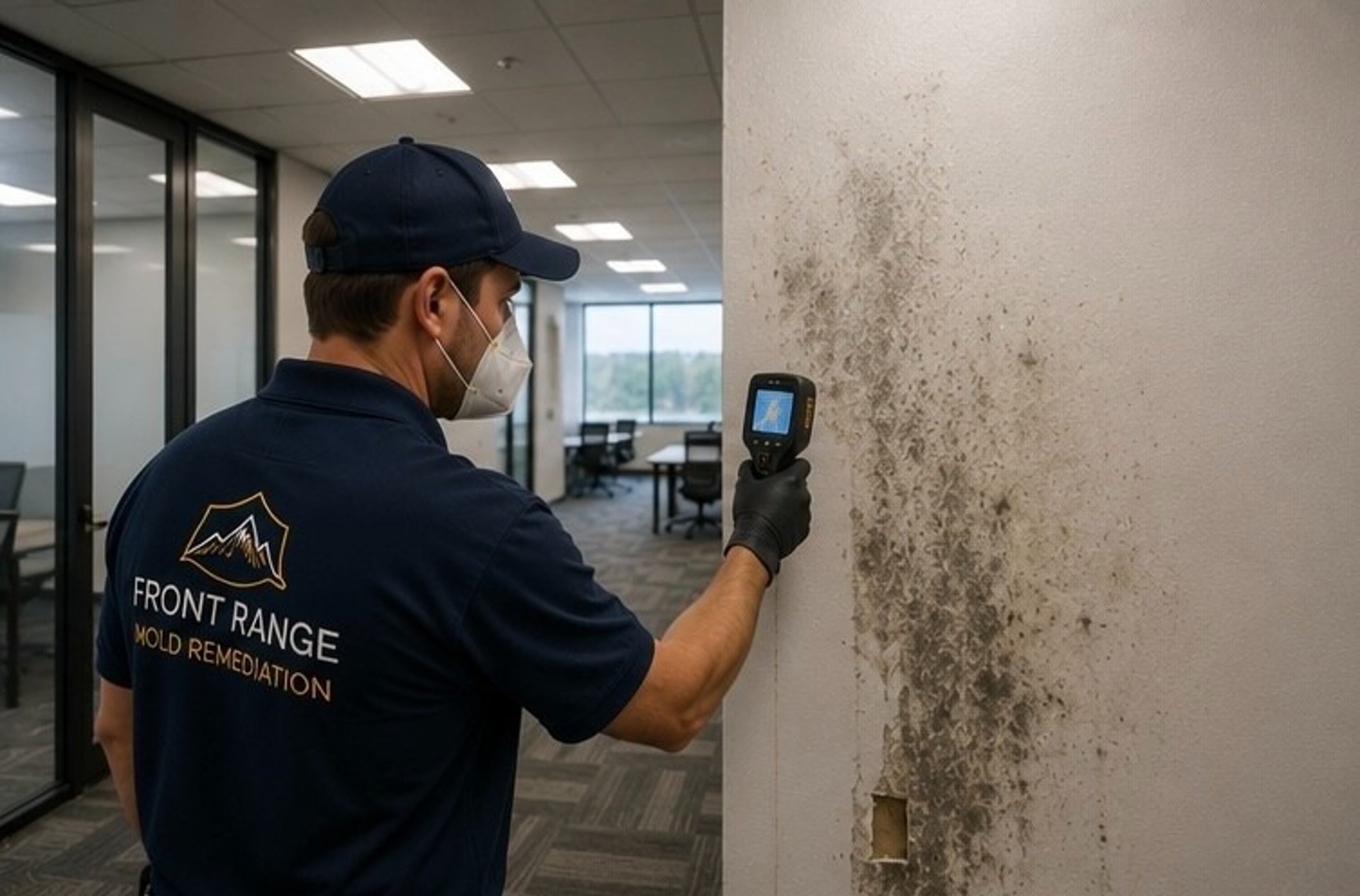 certified commercial mold remediation specialist assessing mold contamination in Colorado Springs office building