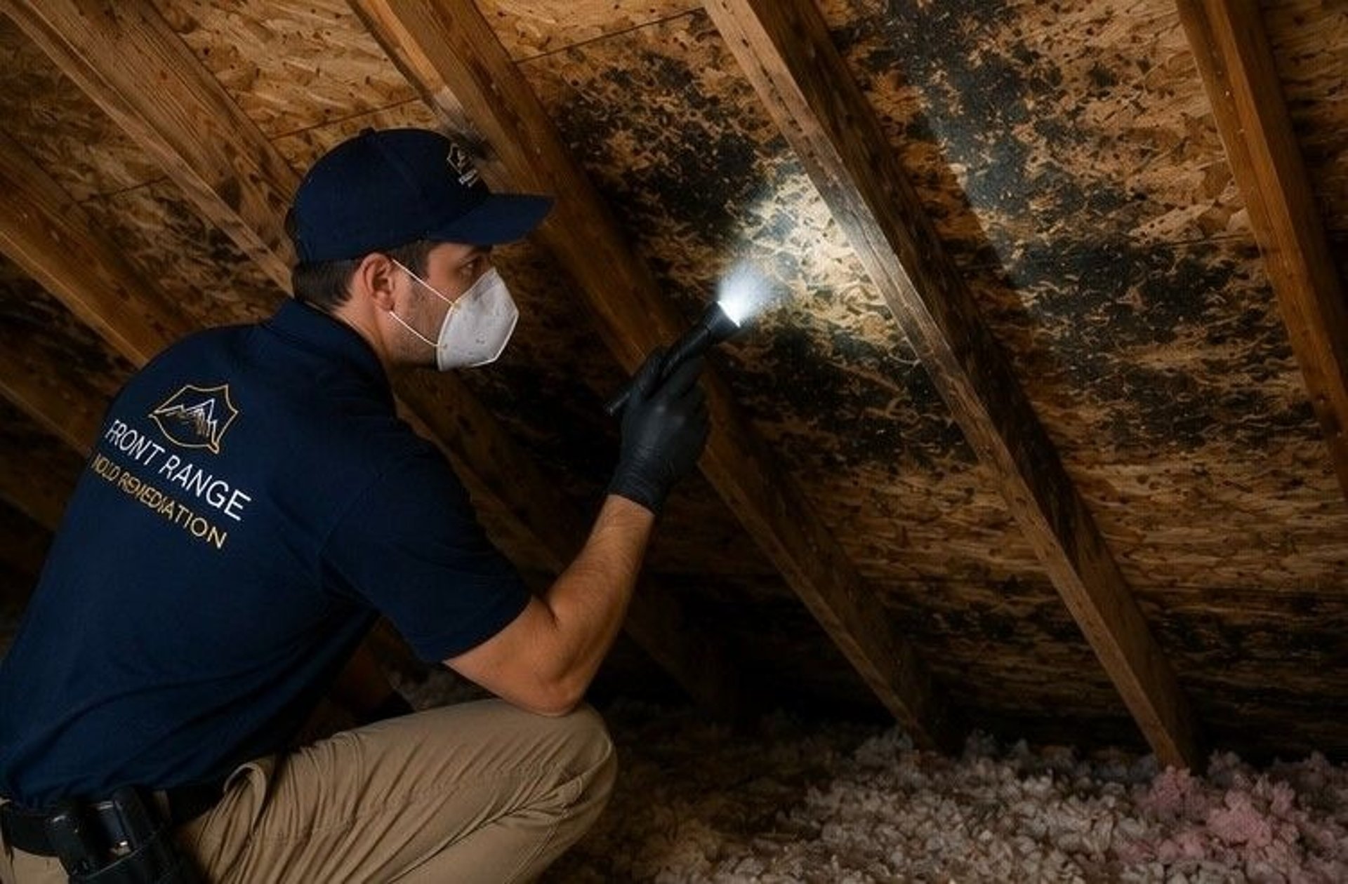 certified mold removal technician inspecting attic space for mold growth on roof decking and rafters in Colorado Springs
