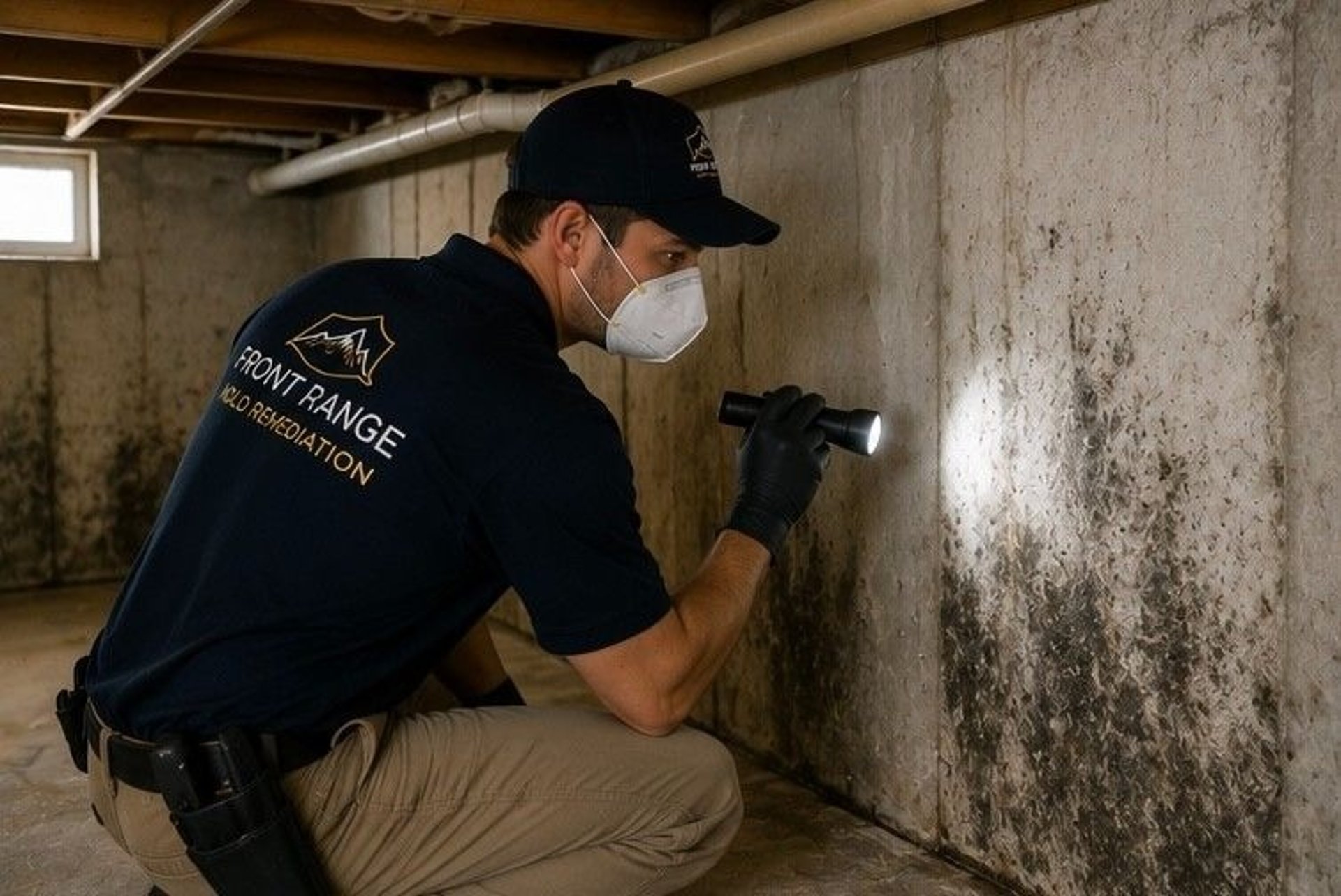 certified mold removal technician inspecting basement walls for mold growth and moisture damage in Colorado Springs