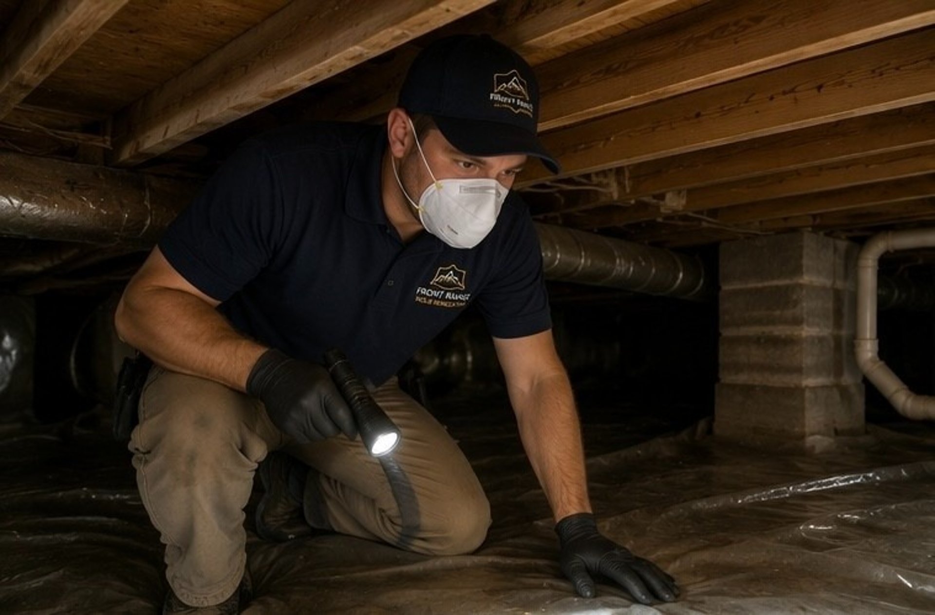 certified mold removal technician inspecting crawl space for mold growth and moisture damage beneath Colorado Springs
