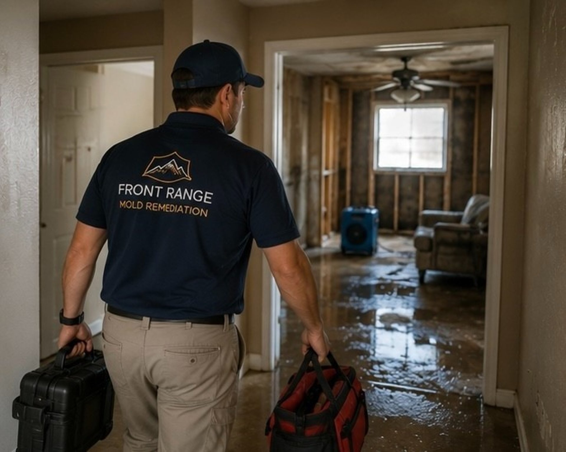 emergency mold removal technician responding to urgent mold contamination call at Colorado Springs residential property