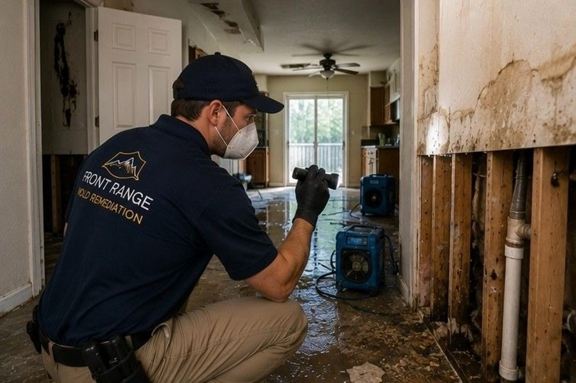 water damage mold removal specialist assessing flood damaged Colorado Springs home for mold growth after pipe burst