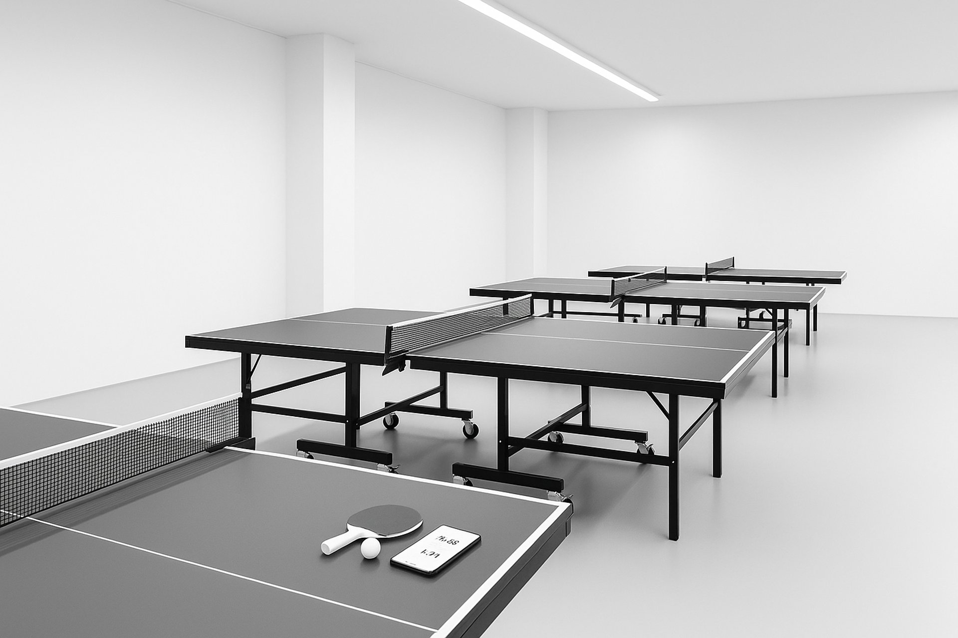 a ping pong table with a racket and ball on it