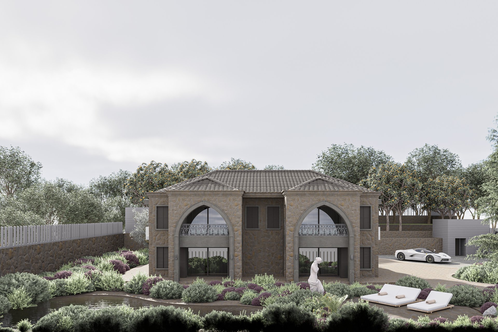 an abstract photo of a curved building with a blue sky in the background