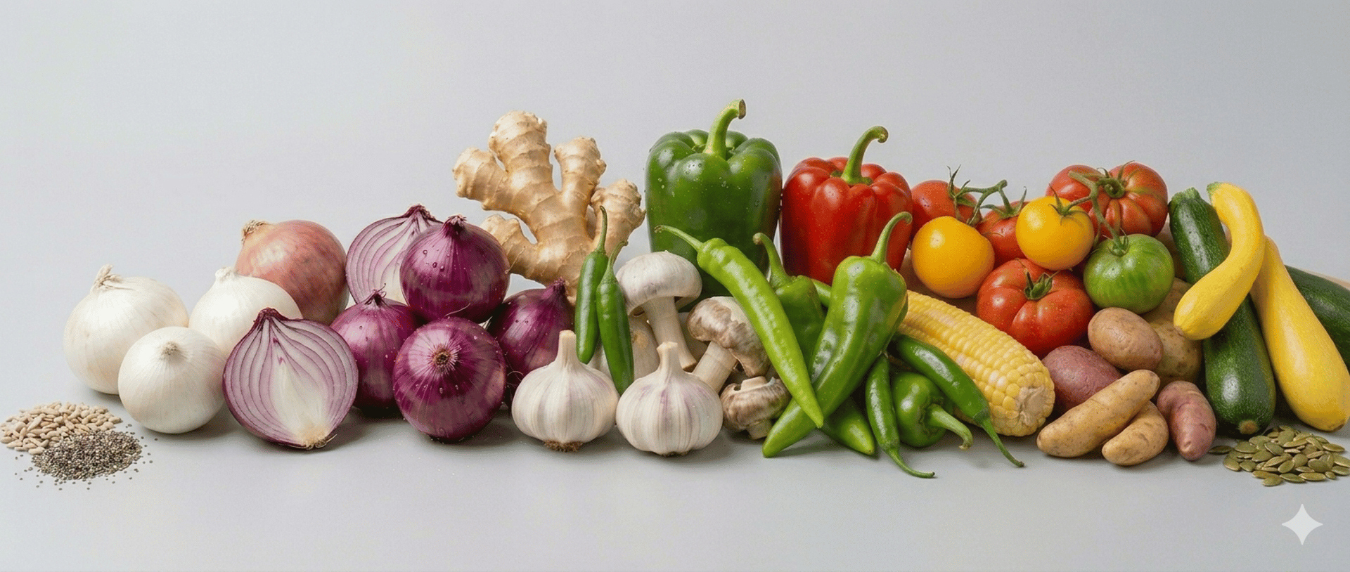 A fresh, high-quality agricultural produce including onions, garlic, ginger, mushroom