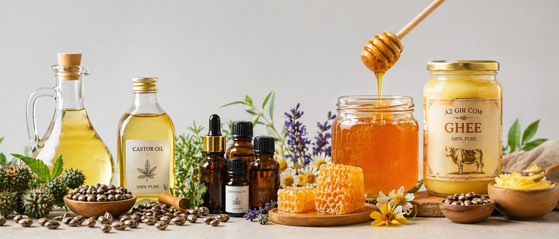 Premium export-quality castor oil, essential oils, pure honey with honey and A2 Gir cow ghee