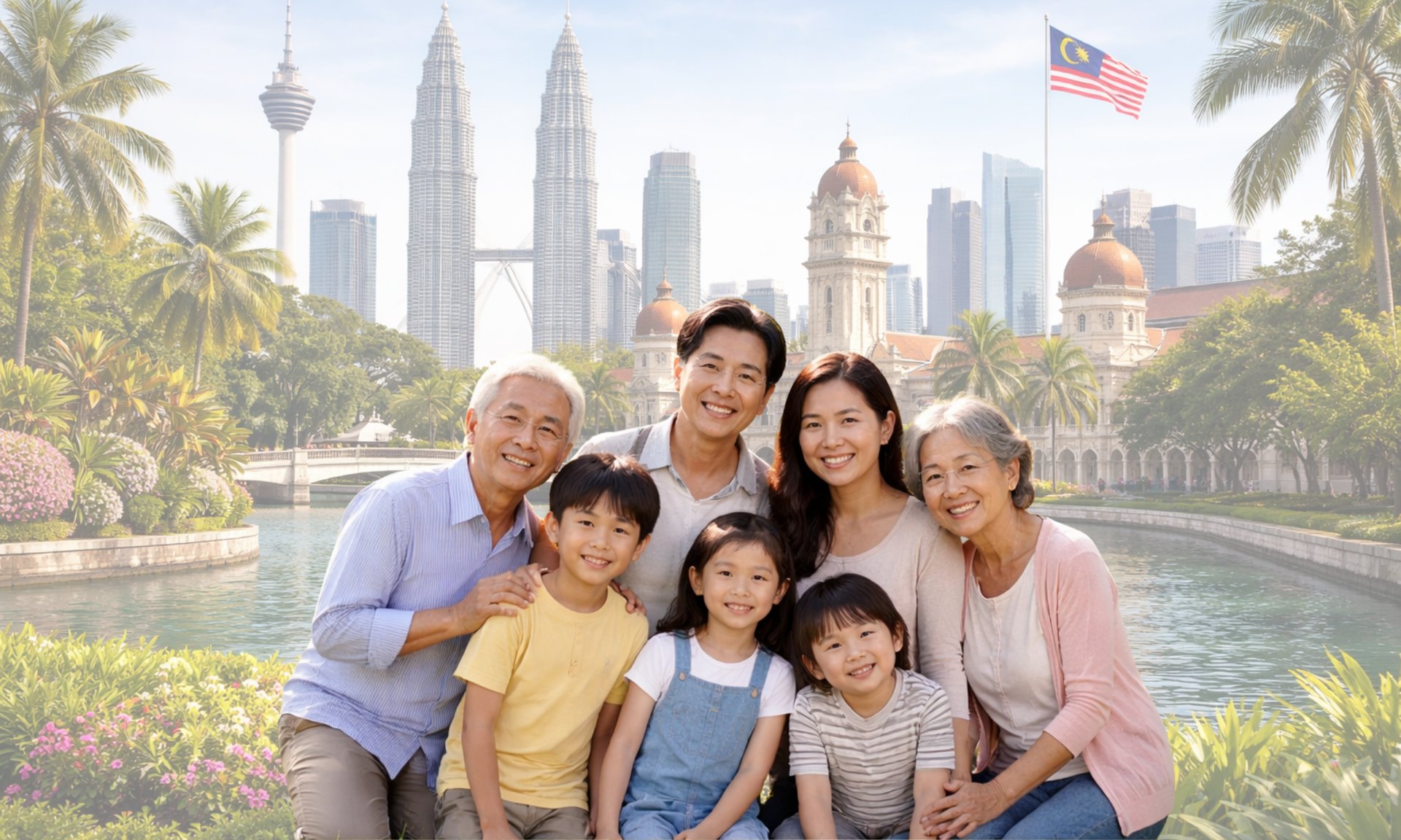 A multi-generational family poses for a group portrait outdoors.