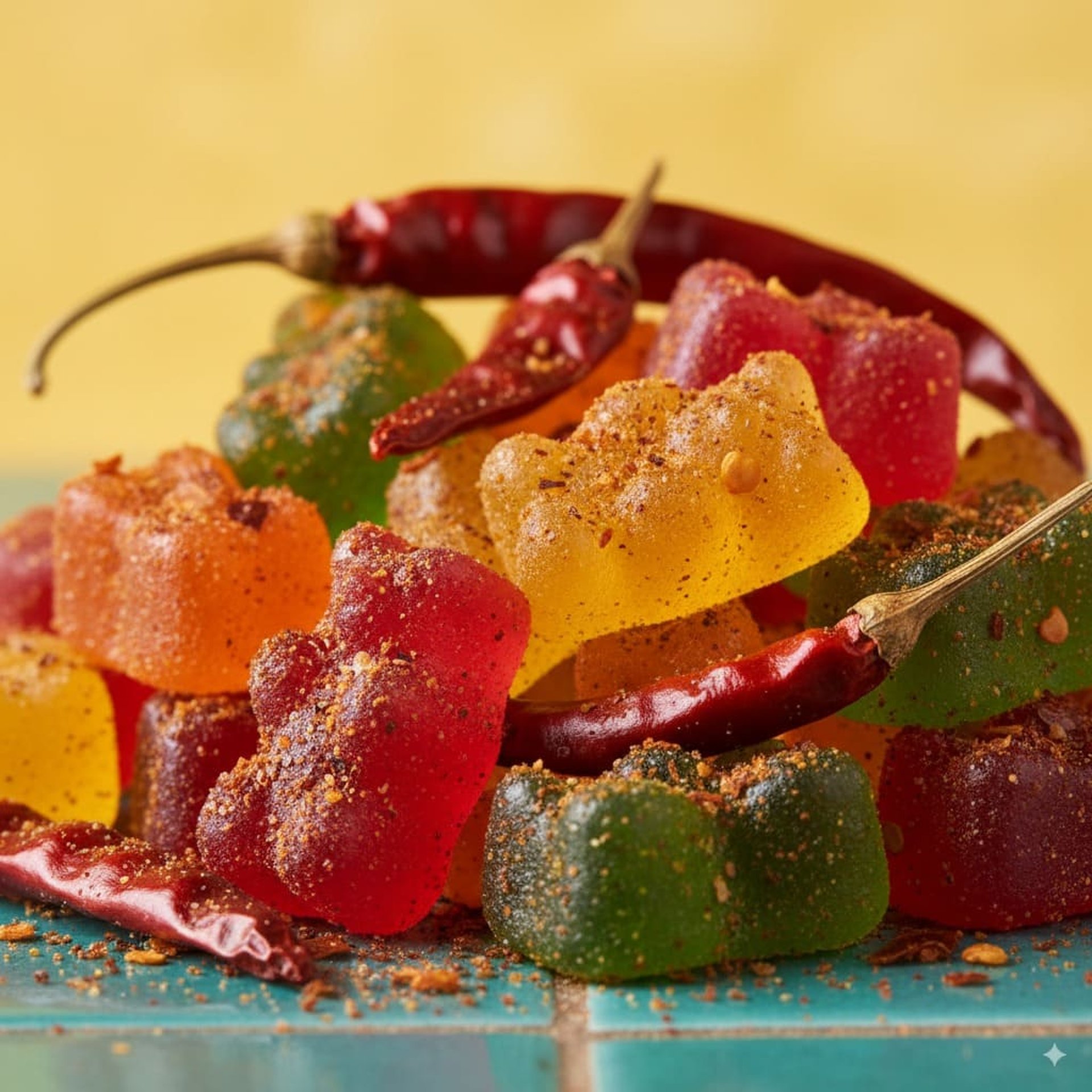 zoom of chili flavored gummies, coated in a granulated chili powder