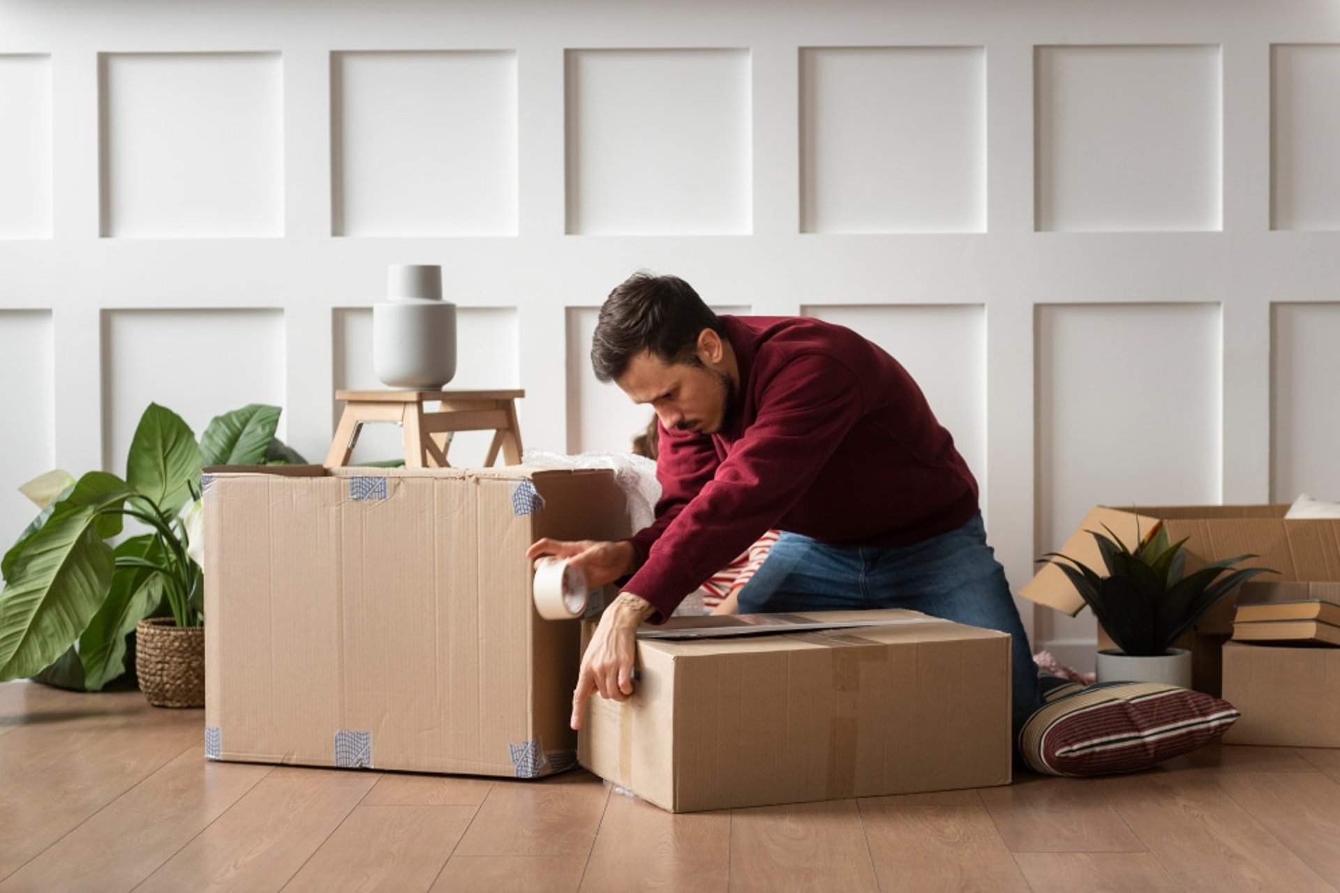A room filled with lots of boxes and plants