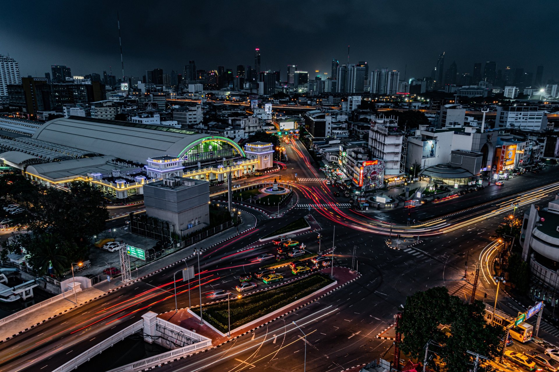 a view of a city and a river at night