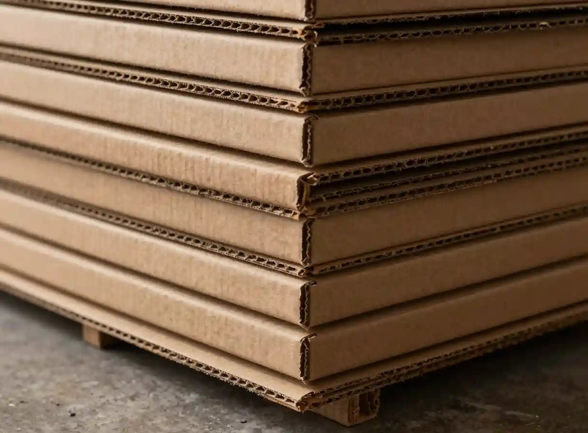 Close-up de uma pilha de caixas de papelão ondulado desmontadas para envio e embalagem.