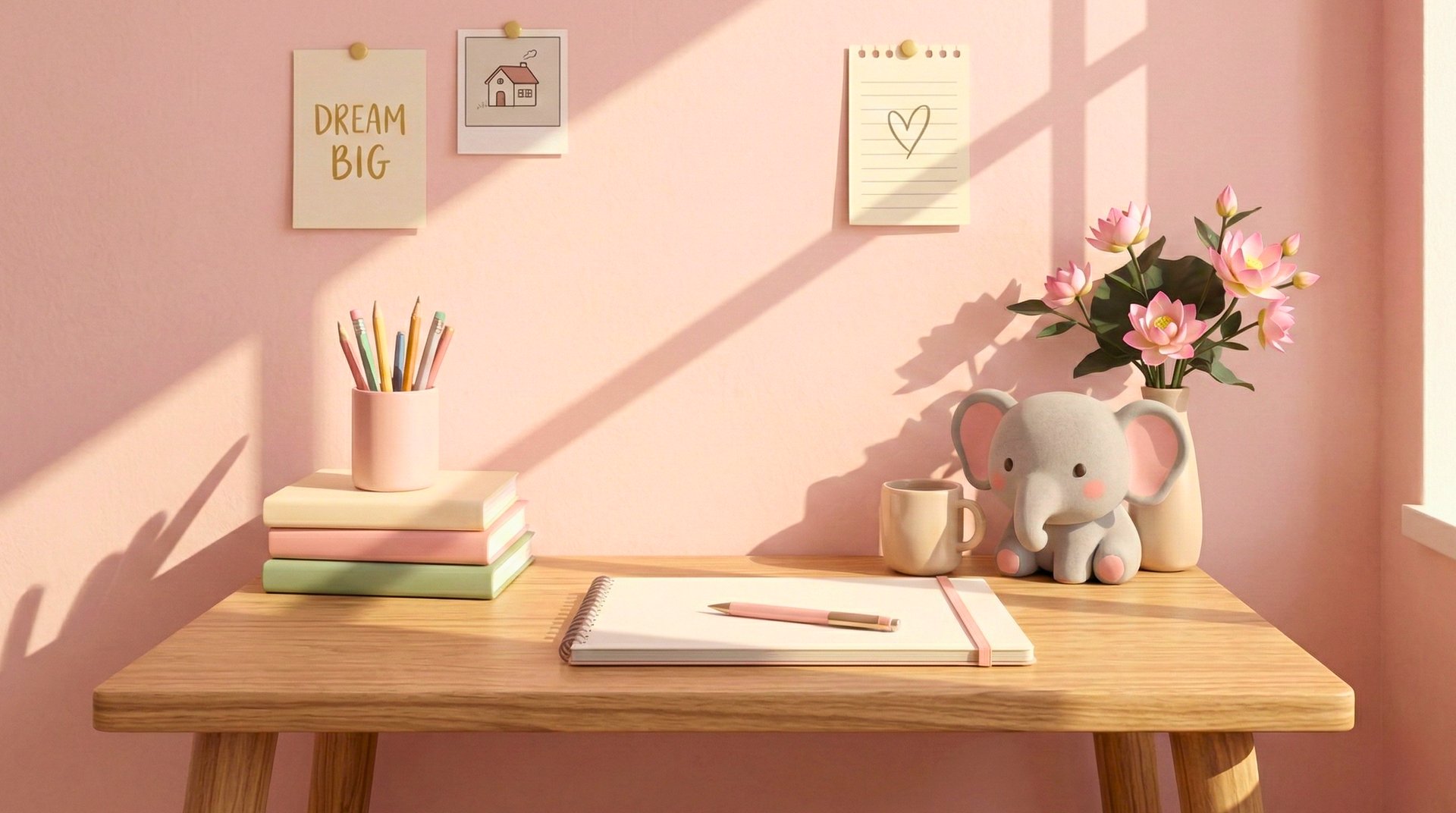 Mindful minimalist workspace illustration with a simple wooden desk, soft morning sunlight, and pastel accessories