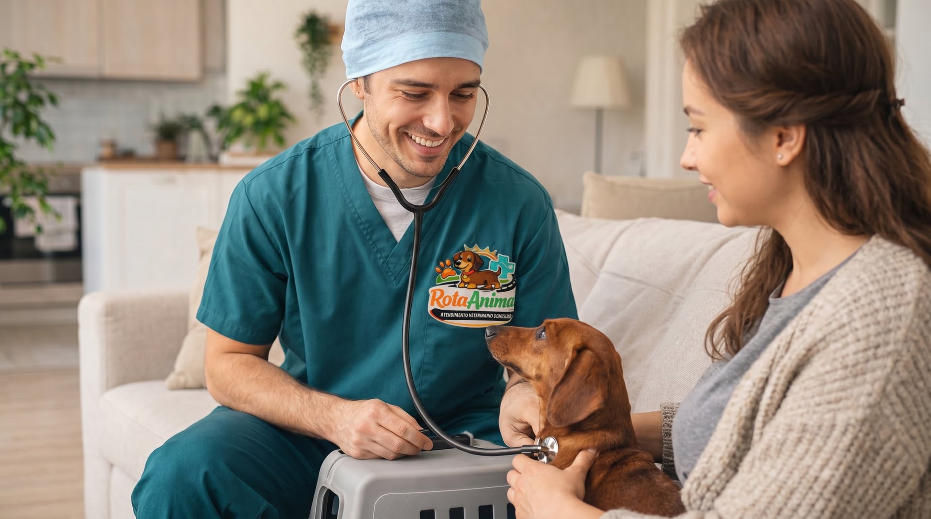A veterinarian examines a black and tan dachshund.