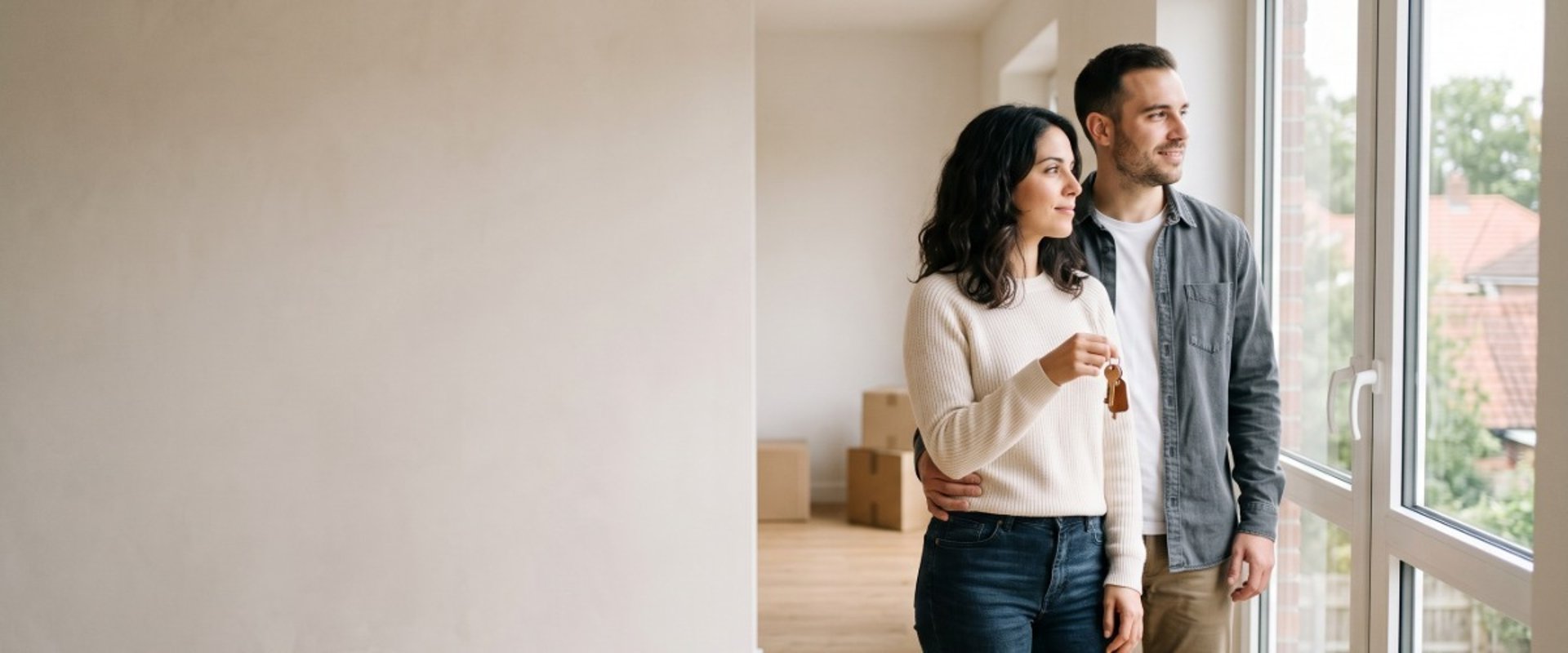 Pareja joven con las llaves en su primera vivienda