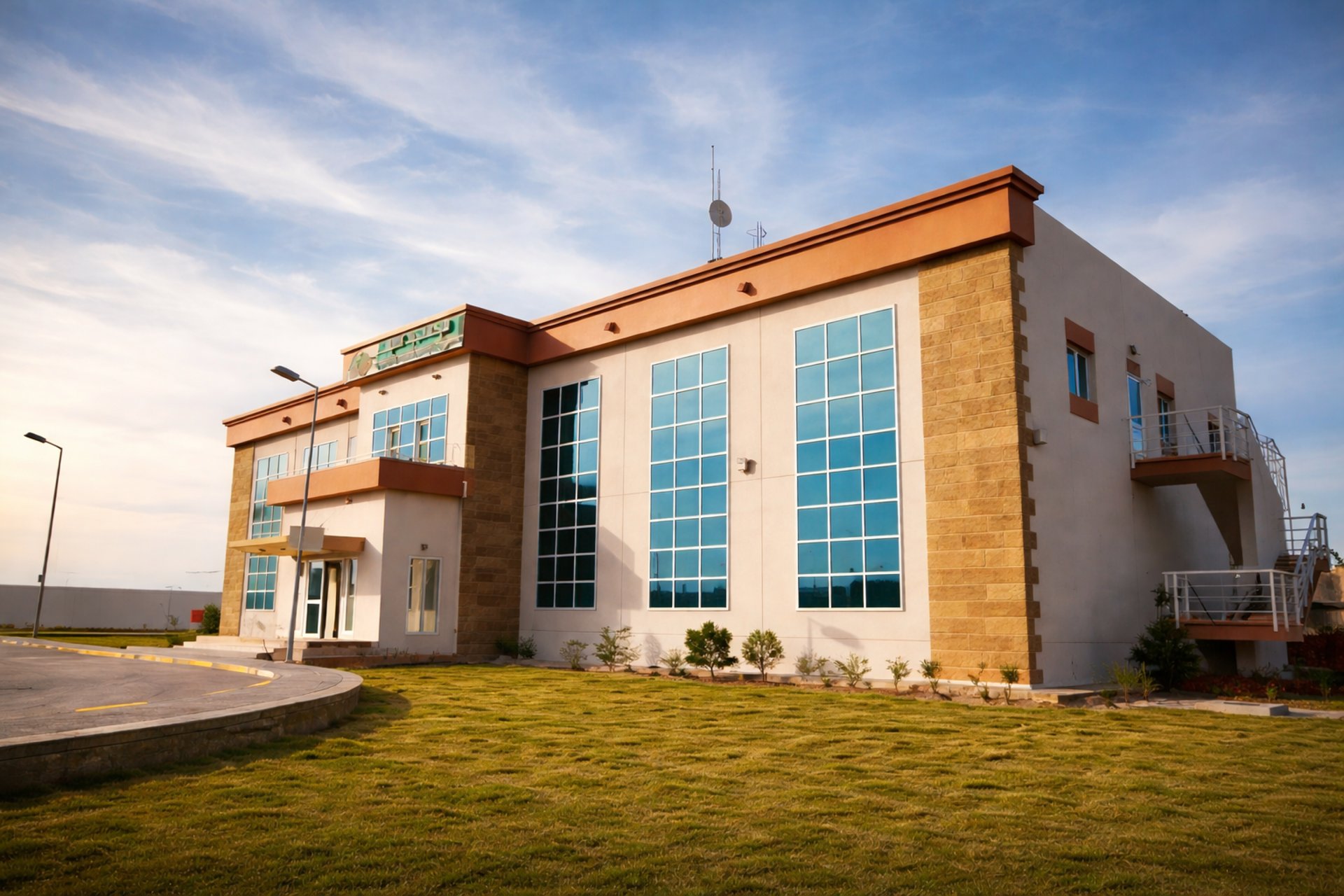 an abstract photo of a curved building with a blue sky in the background